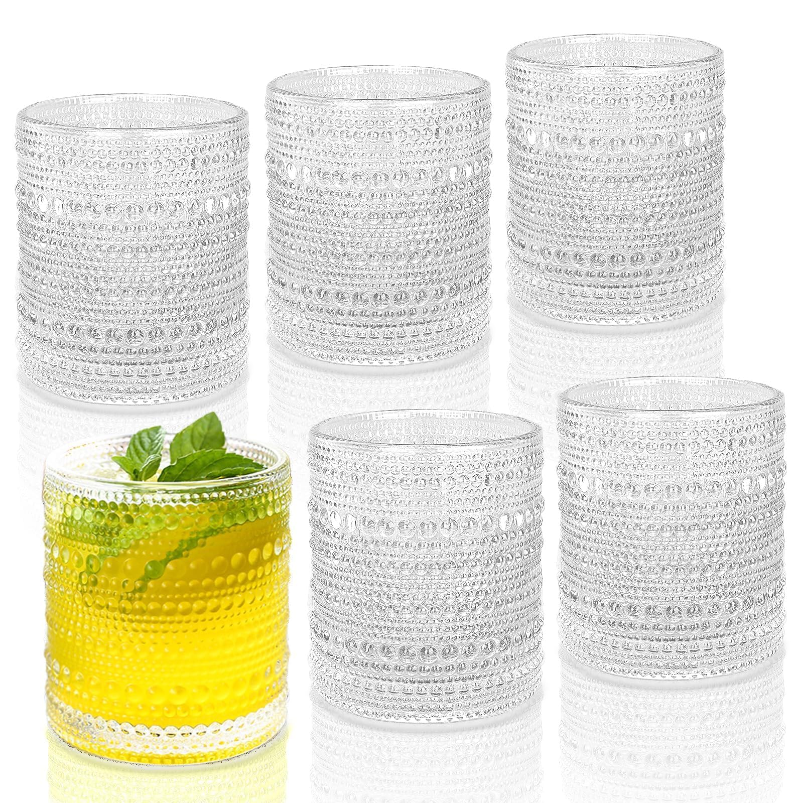 JPPSUJJ Cocktail Glasses 10 oz Hobnail Drinking Glasses Set of 6, Vintage Glassware, Textured Glass Cups Bubble Glasses Water Glasses Old Fashion Jupiter Glasses Set, clear