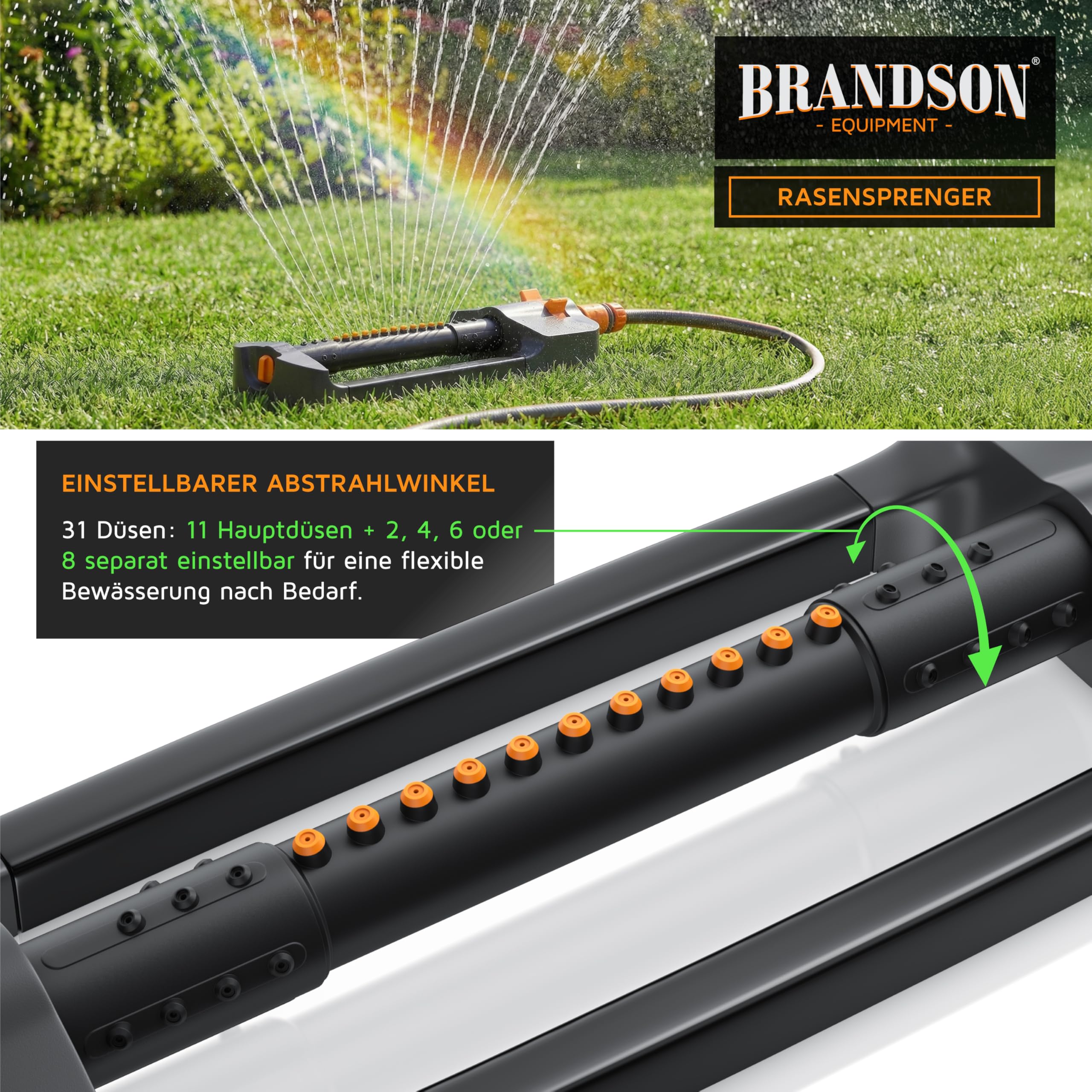 Brandson - Rasensprenger Viereckregner 3/4 Zoll flexibel – 19 Düsen (8 separat einstellbar) – für große Flächen – integrierter Metallfilter - Oszillation 20° bis 140° – Garten Rasensprinkler