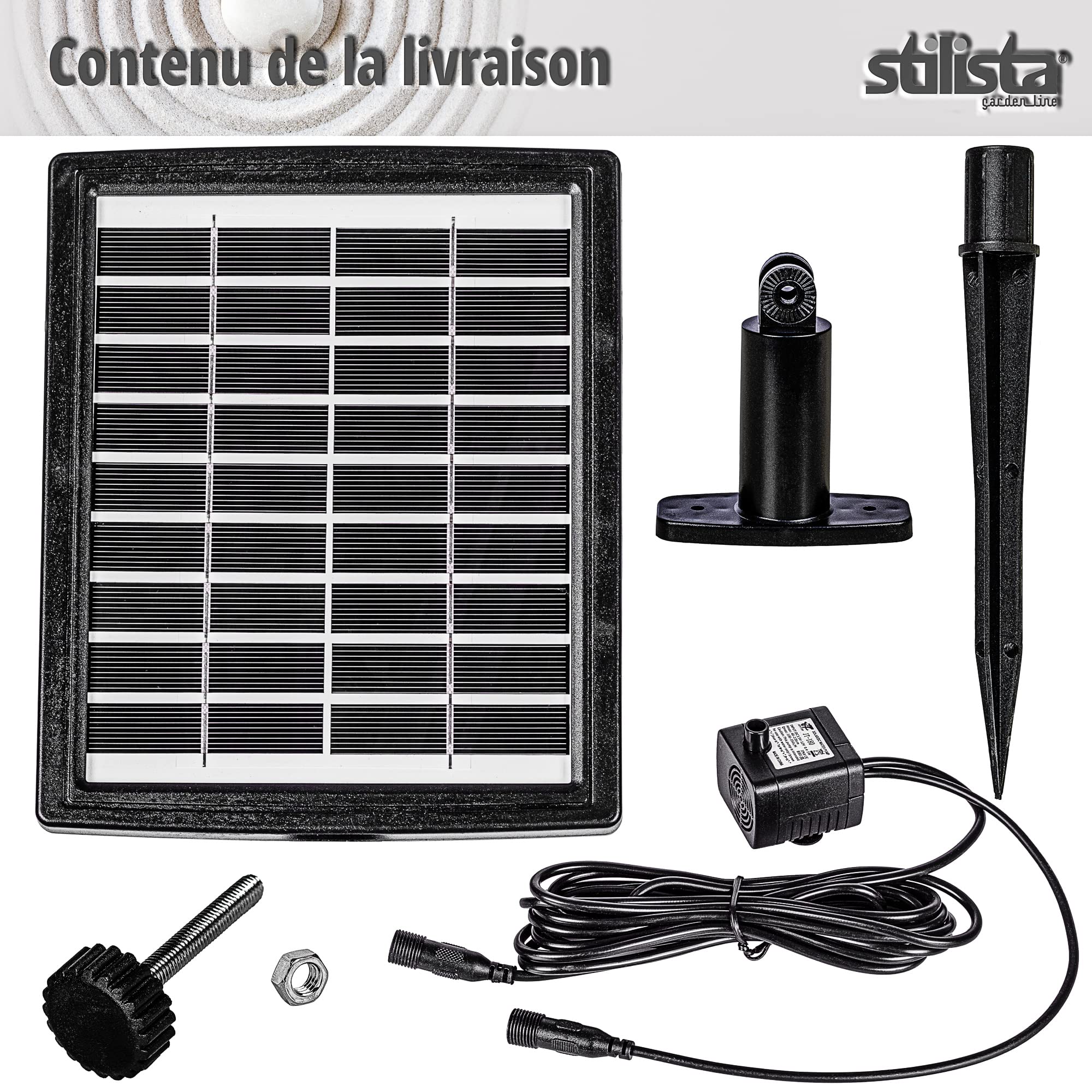 Pompe Solaire 2,8 W STILISTA - Hauteur 100 Cm - Débit 350 L/H - Fontaine Jardin Écologique