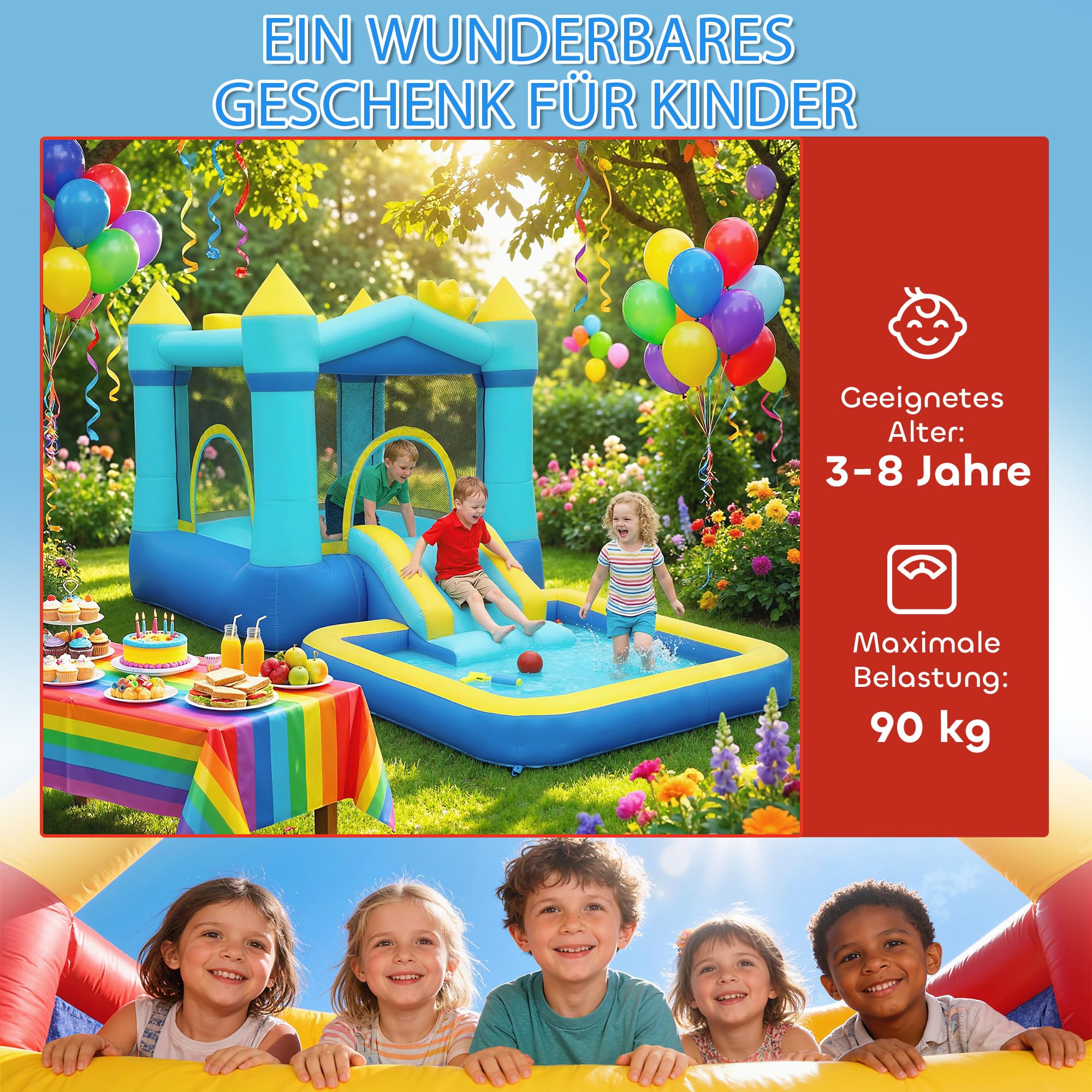 AIYAPLAY Hüpfburg mit Gebläse Aufblasbar Spielcenter mit Rutsche Trampolin Planschbecken/Bällebad Basketballkorb Wasserpistole Bouncy Castle für 3-8 Jahre Kinder für Indoor & Outdoor 364x173x182 cm
