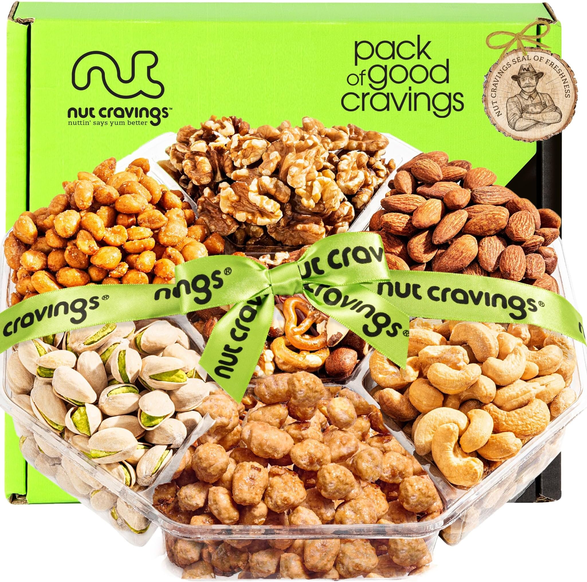 - NUT CRAVINGS - Mothers Day Treats, Mixed Nuts Gift Basket + Green Ribbon (7 Assortments, 1 LB) Treats for Adults, Food Arrangement, Healthy Snack Care Package, Kosher