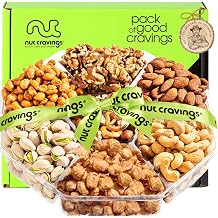 NUT CRAVINGS - Fathers Day Treats, Gift For Dad, Mixed Nuts Gift Basket + Green Ribbon (7 Assortments, 1 LB) Treats for Adults, Food Arrangement, Healthy Snack Care Package, Kosher
