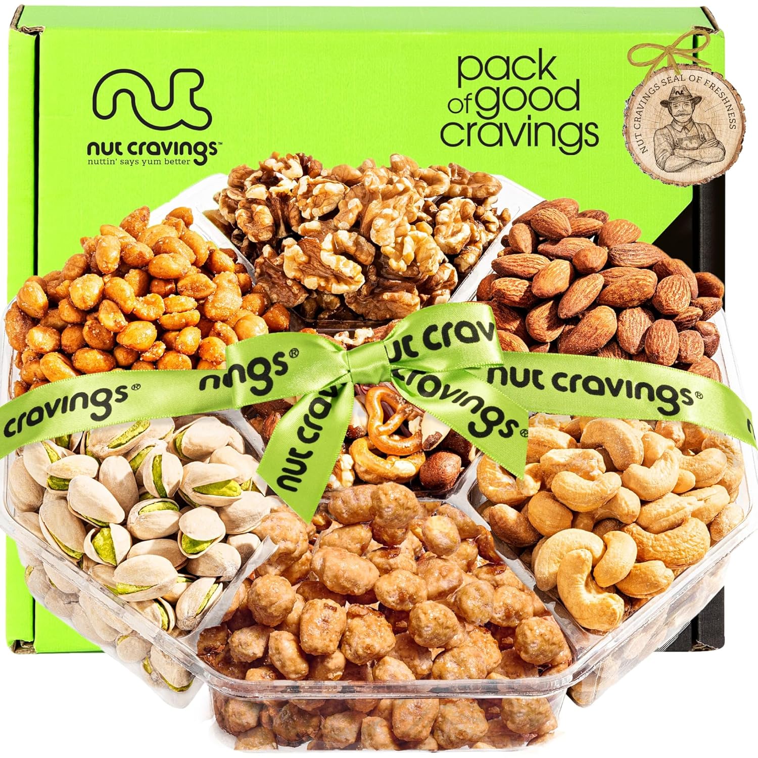 NUT CRAVINGS - Easter Mixed Nuts Gift Basket + Green Ribbon (7 Assortments, 1 LB) Treats for Adults, Food Arrangement, Healthy Snack Care Package, Kosher