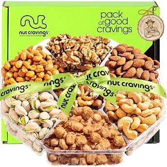 NUT CRAVINGS - Fathers Day Treats, Gift For Dad, Mixed Nuts Gift Basket + Green Ribbon (7 Assortments, 1 LB) Treats for Adults, Food Arrangement, Healthy Snack Care Package, Kosher