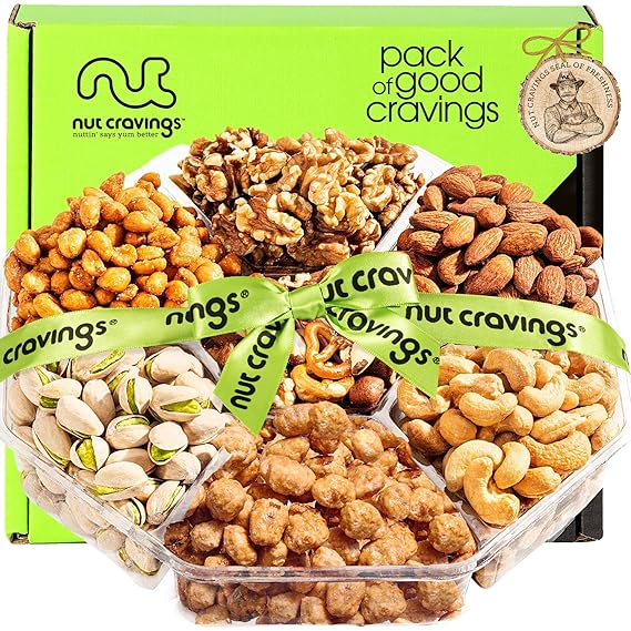 NUT CRAVINGS - Fathers Day Treats, Gift For Dad, Mixed Nuts Gift Basket + Green Ribbon (7 Assortments, 1 LB) Treats for Adults, Food Arrangement, Healthy Snack Care Package, Kosher