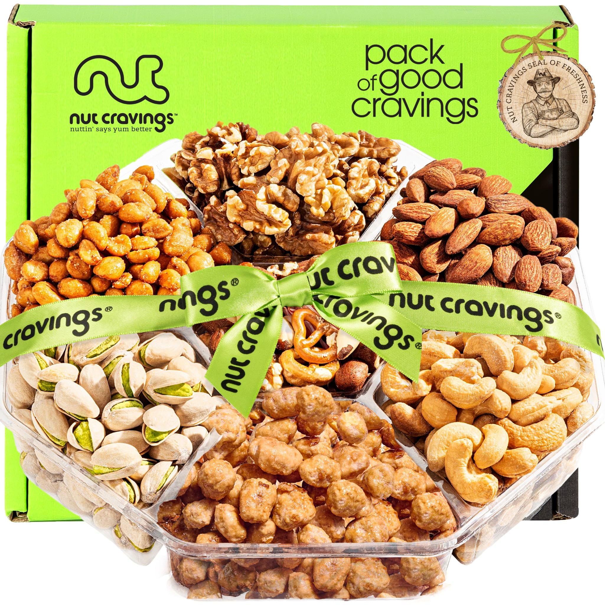 NUT CRAVINGS - Thanksgiving Mixed Nuts Gift Basket + Green Ribbon (7 Assortments, 1 LB) Holiday Xmas Christmas Food Arrangement, Healthy Snack Care Package, Food Assortments