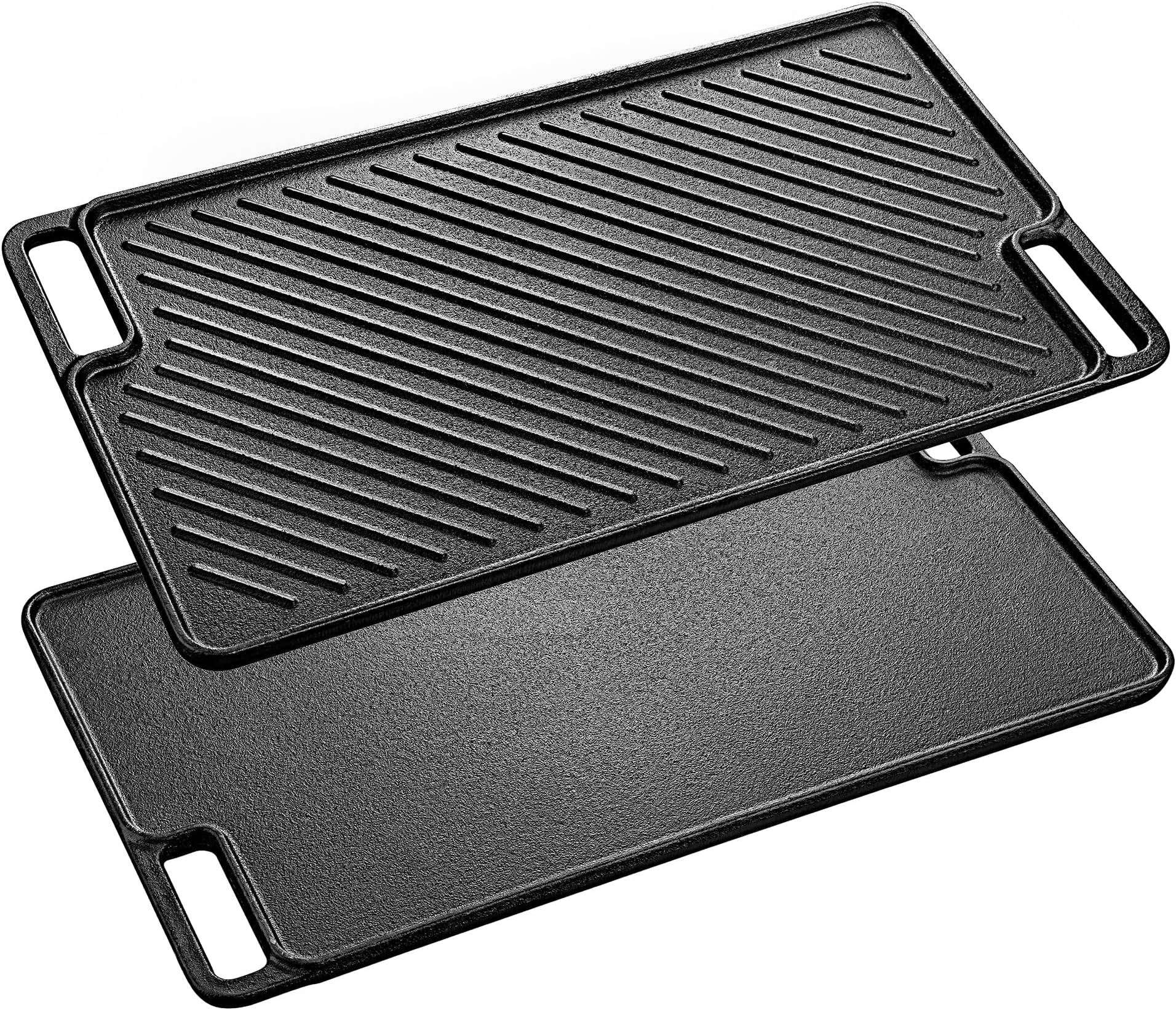 Cast Iron Griddle & Grill Pan for Gas & Electric Hobs - 45.5 x 26cm, Double-Sided Usable for BBQ, Camping & Garden