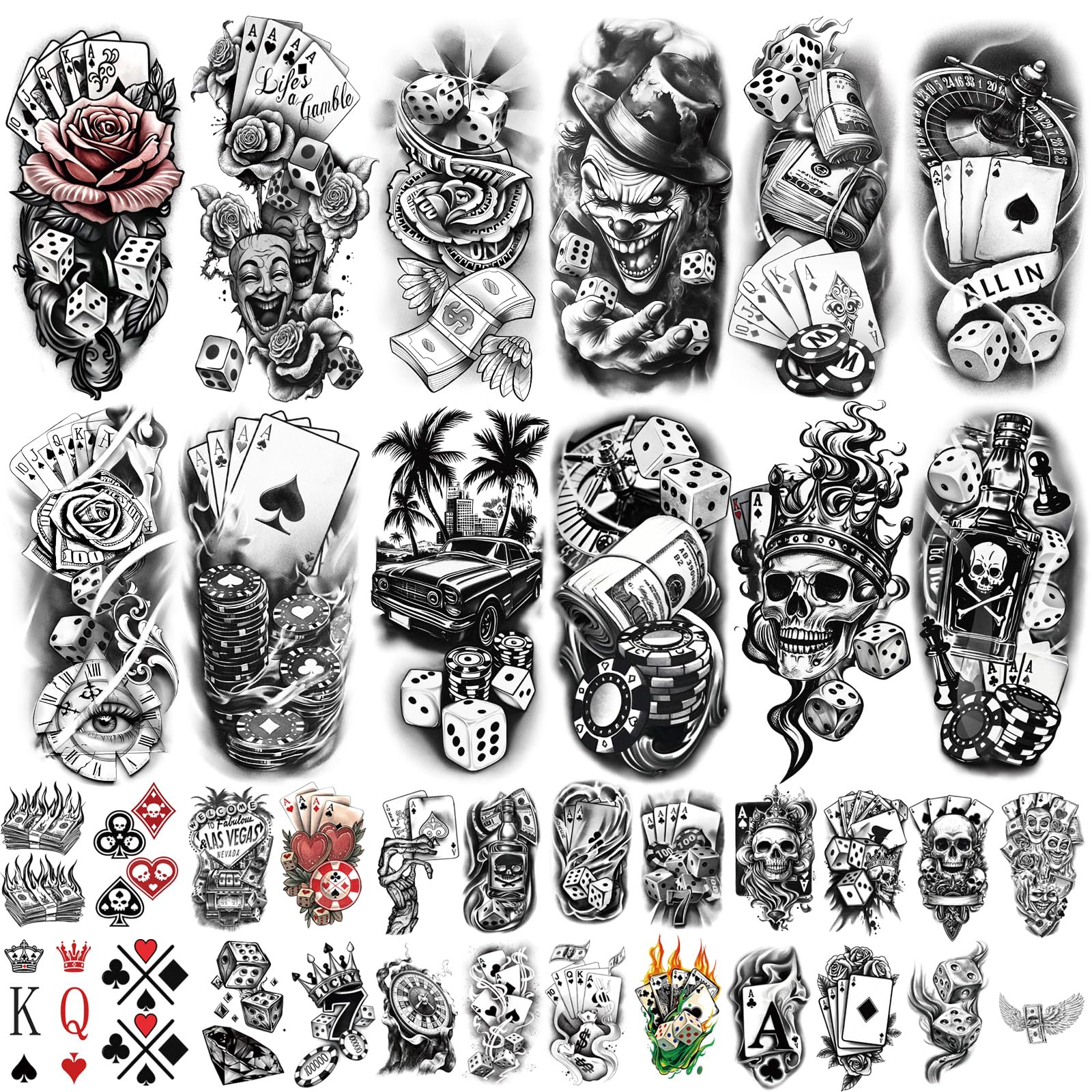 77 Sheets Casino Temporary Tattoo for Women Men, 17 Sheets Half Arm Large Poker Dice Lion Clown Fake Tattoos, 60 Sheets Angels Dollars Skull Tiny for