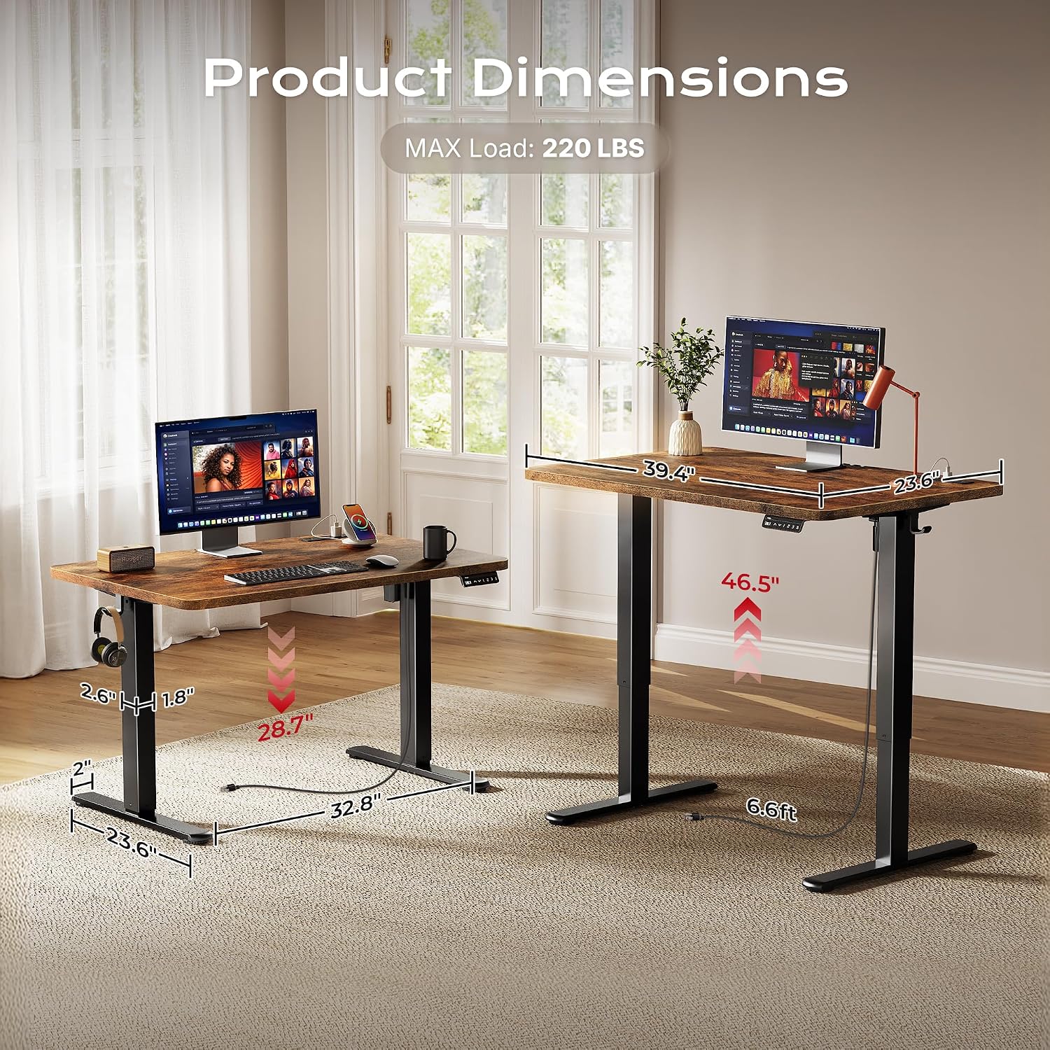 Huuger Electric Standing Desk with Power Outlets and USB-C Port, 39 X 24 Inch Height Adjustable Desk, Sit Stand Desk for Home Office, Computer & Gaming Desk with 4 Presets, Rustic Brown thumbnail