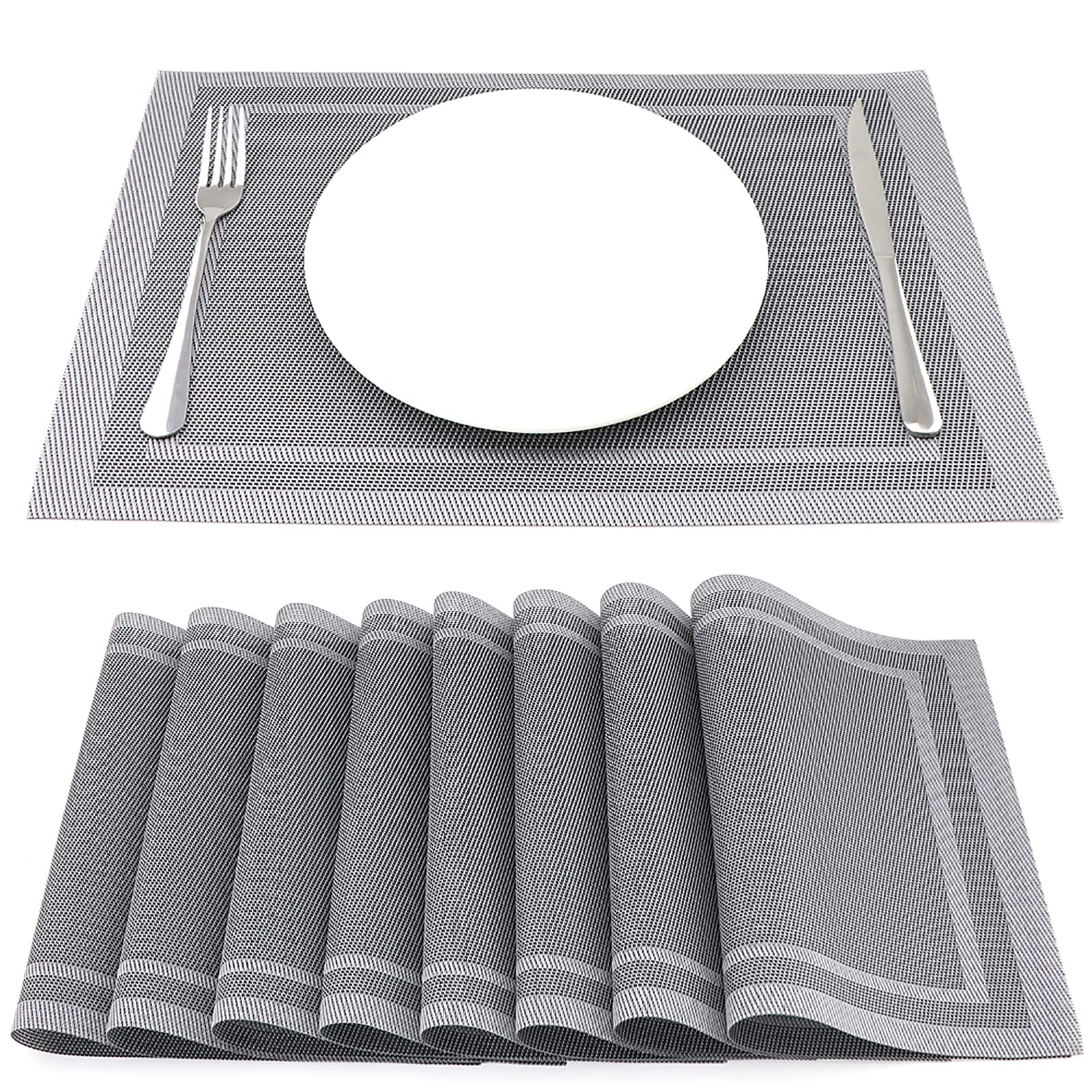 SUEH DESIGN Manteles Individuales Juego de 8, Salvamanteles Individuales en PVC para Comedor 45 * 30 CM, Gris y Plata