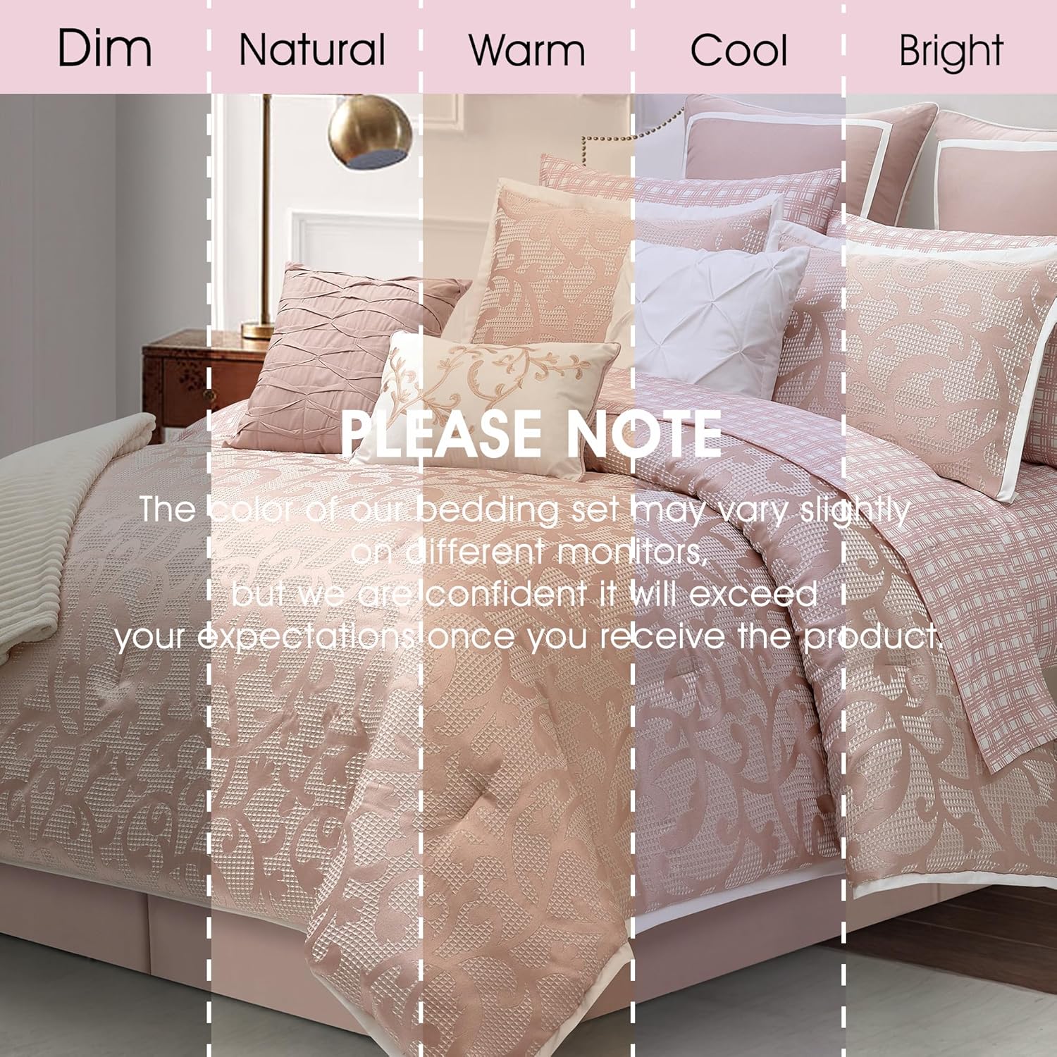 LANCO MODERN LIFESTYLE Blush California King Comforter Set, Classic Jacquard Floral 14 Pieces Bedding Set, Ultra Soft for All Seasons, Sheets, Bedskirt, Throw, Matching Shams and Decor Pillows