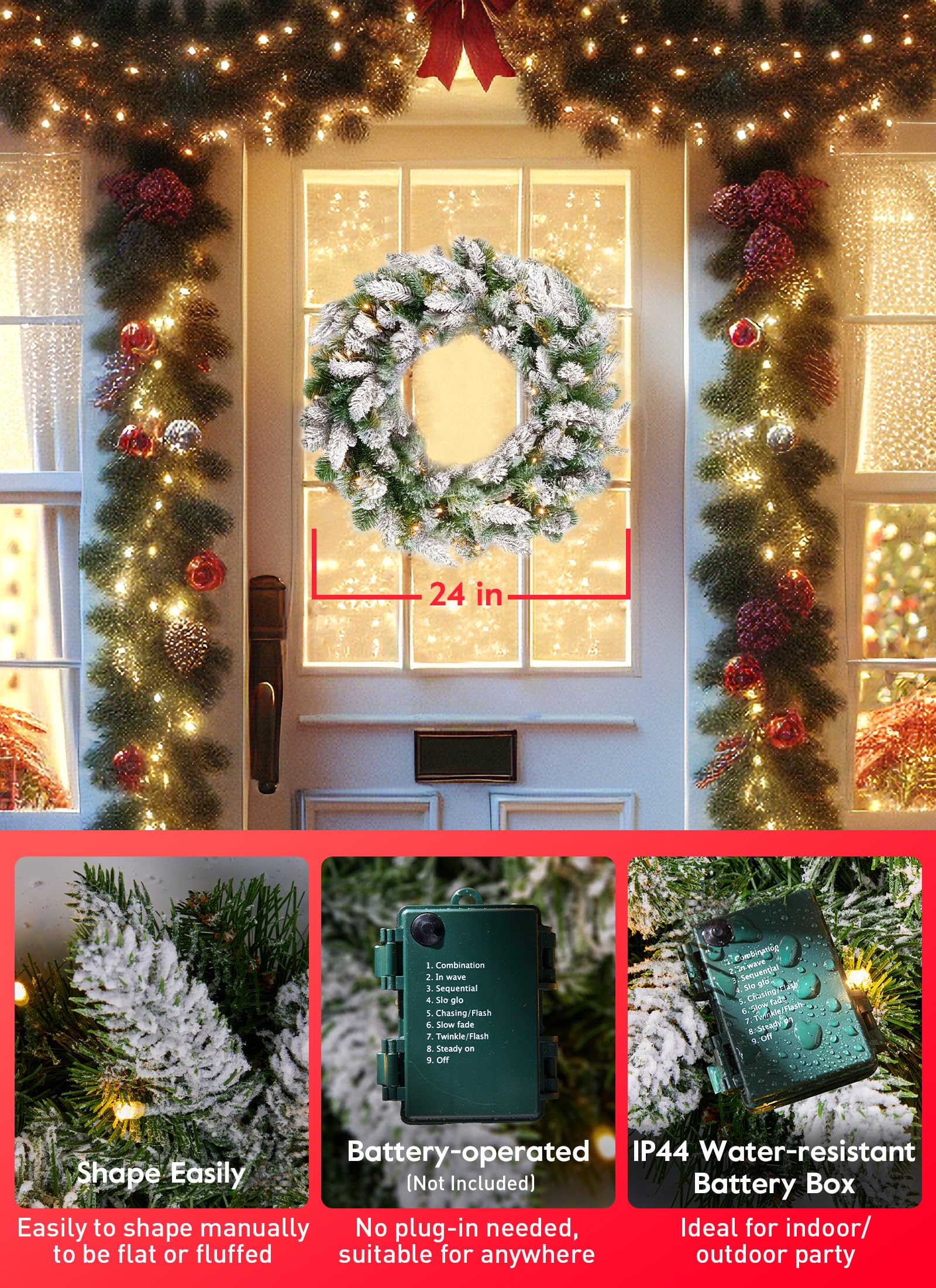 24 Inch Lighted Christmas Wreath - Battery Operated With Bells & Berries, Warm White & Color LEDs, Includes Hanger For Door Or Wall