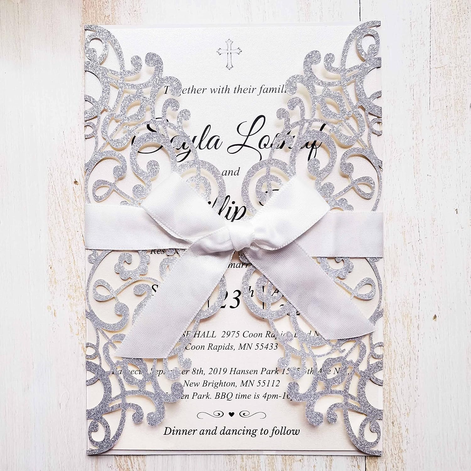50PCS Wedding Invitations Cards with Ribbon and Envelopes 5"x7.28" Laser Cut Lace Glitter Invites Card for Wedding Bridal Shower Engagement Birthday (Sliver Glitter)