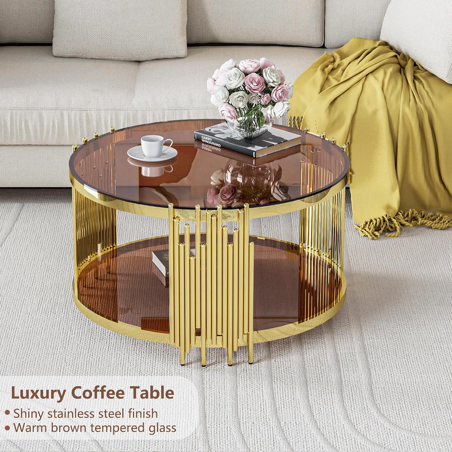 Luxury Gold Round Glass Coffee Table Set of 3, 31.5" Modern Center Tables with Double 20" End Tables, Stainless Steel Irregular Leg Brown Top, Accent Furniture for Living Room, Brown