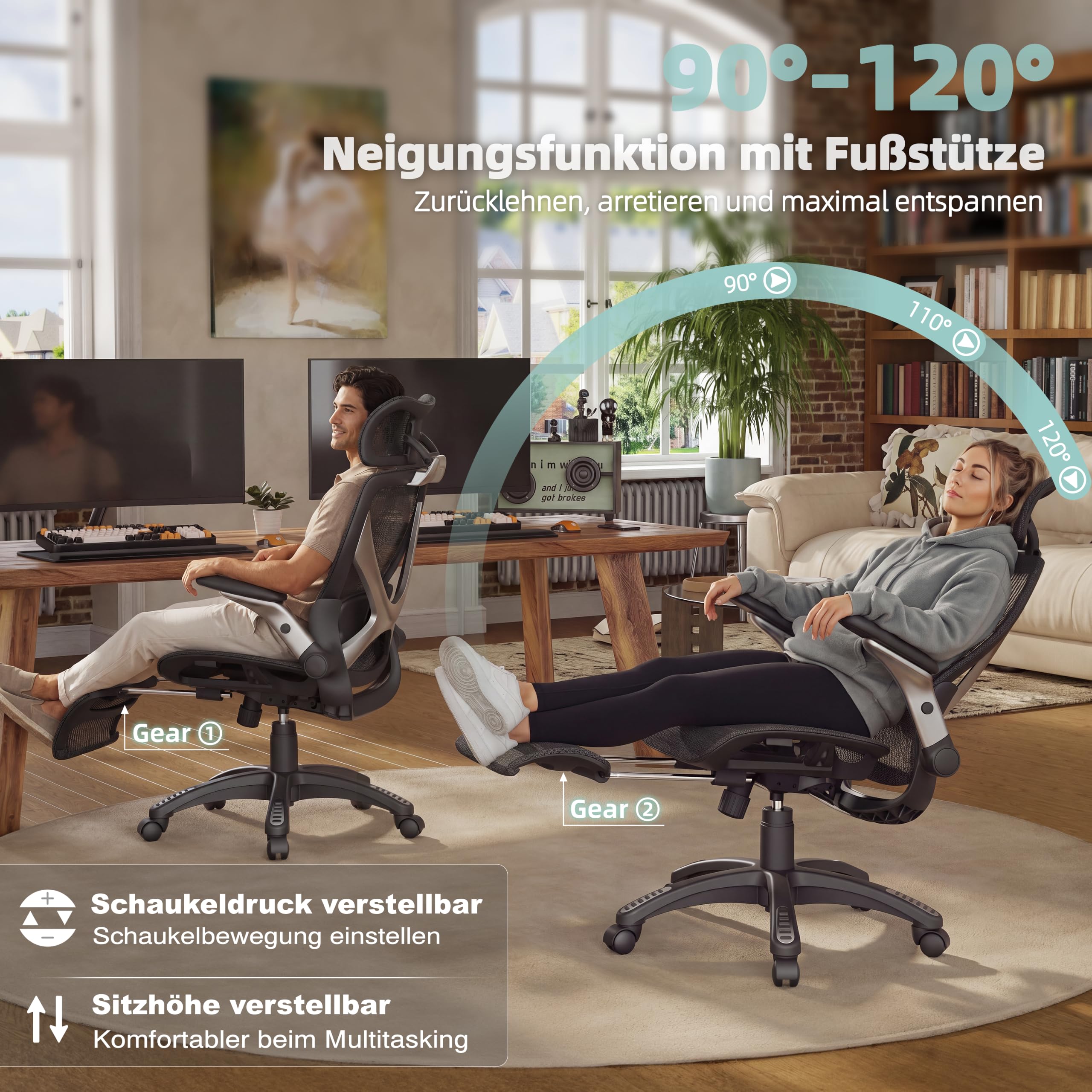 ELABEST X100 Ergonomischer Mesh-Bürostuhl mit Hoher Rückenlehne & Fußstütze | 3D-Lordosenstütze, 120° Neigung, 3D-Kopfstütze, Schreibtischstuhl mit hochklappbaren 5D-Armlehnen für Homeoffice, bis 136 kg