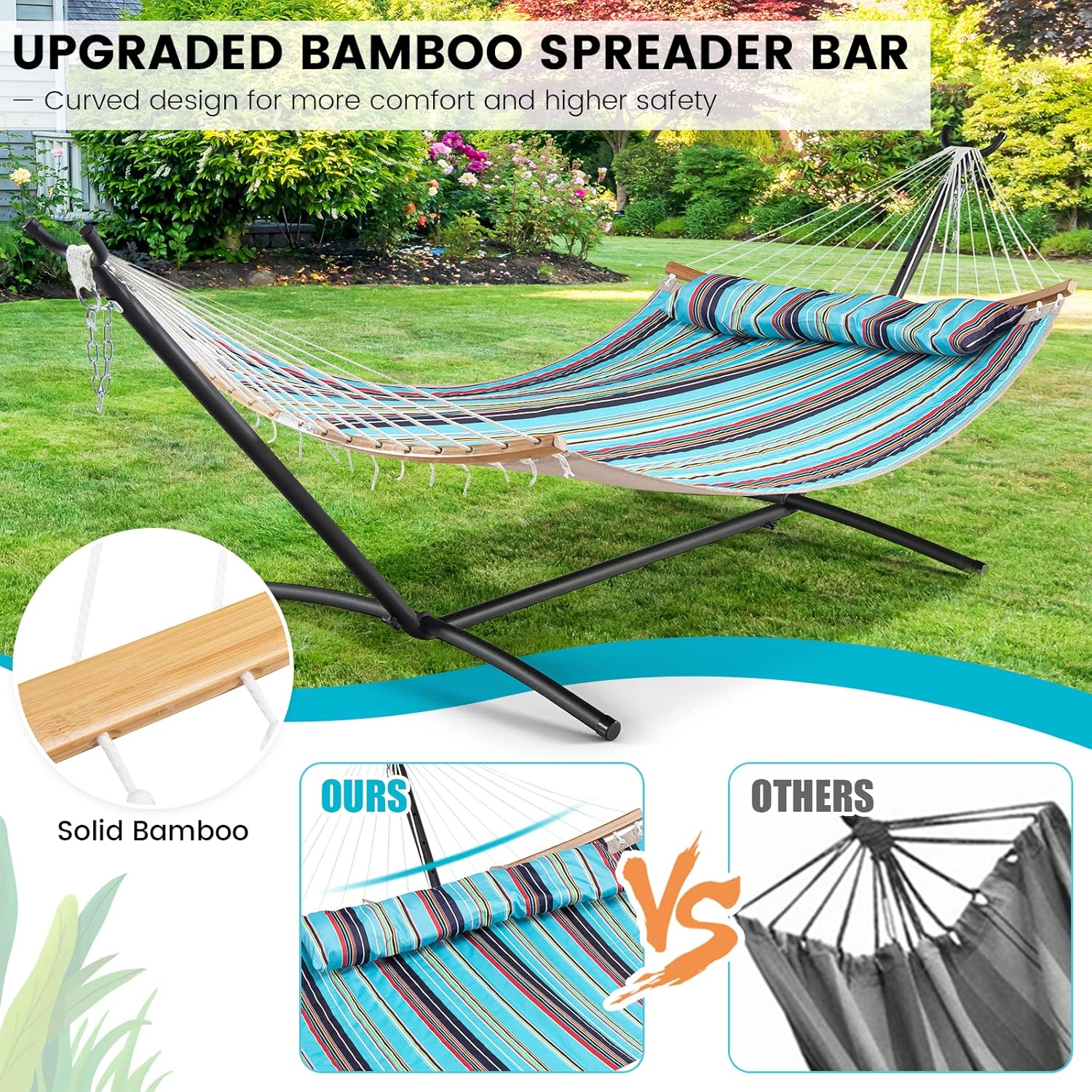 Tangkula 11FT Double Hammock, Heavy Duty Outdoor Hammock with Curved Spreader Bars, Detachable Pillow, 2 Person Hammocks for Outside, Porch, Patio (Blue)