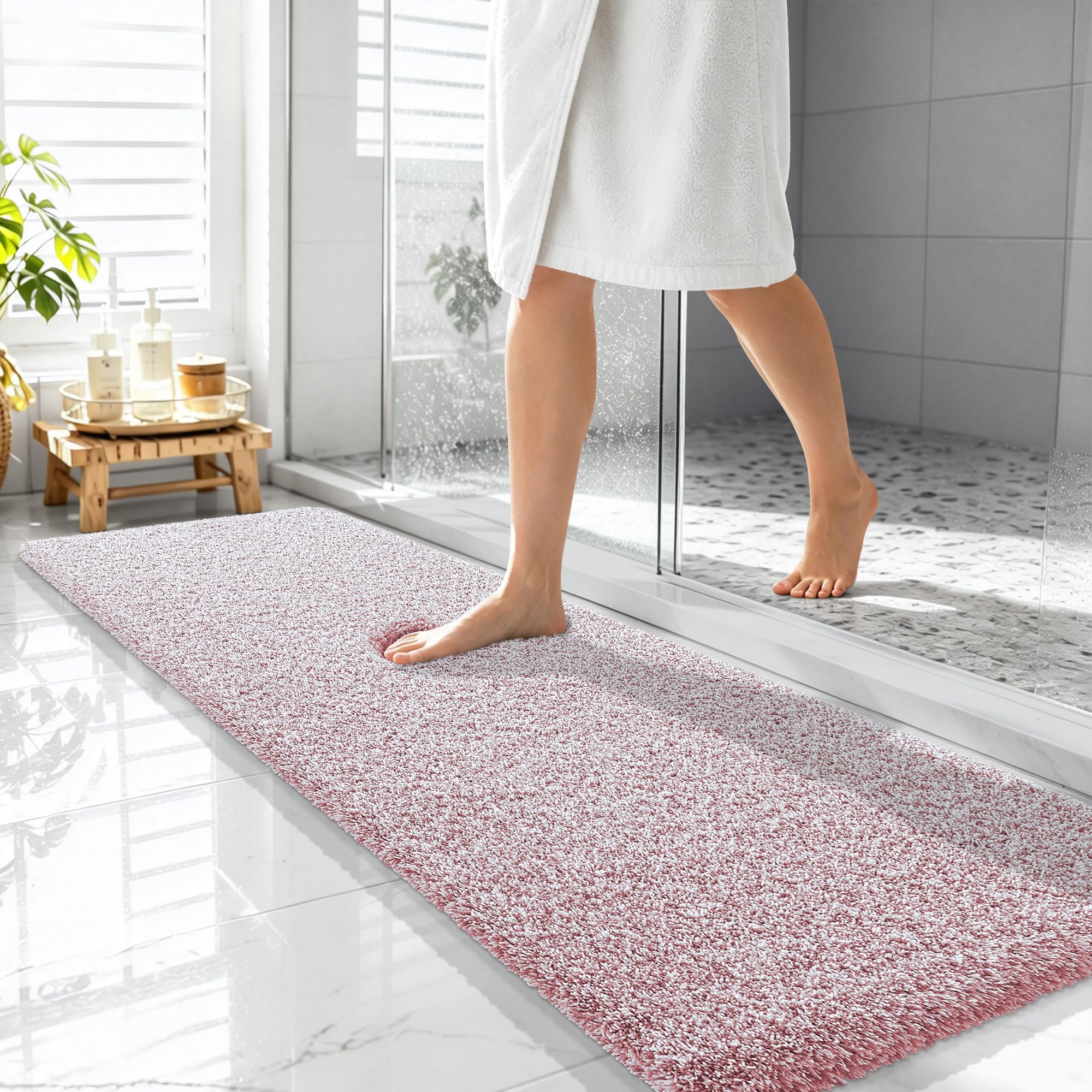 OLANLY Microfiber Bathroom Rugs 59x20, Quick Dry Mat, Deep Rose and White