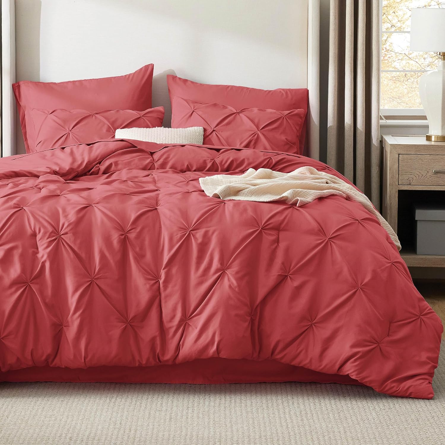 Bedsure Queen Comforter Set Coral Red - Bed in a Bag Queen Size 7 Pieces, GentleSoft™ Pintuck Bed Set Gift for Family, Pinch Pleat Coral Red Comforter with Sheets, Pillowcases & Shams 05 - Coral Queen