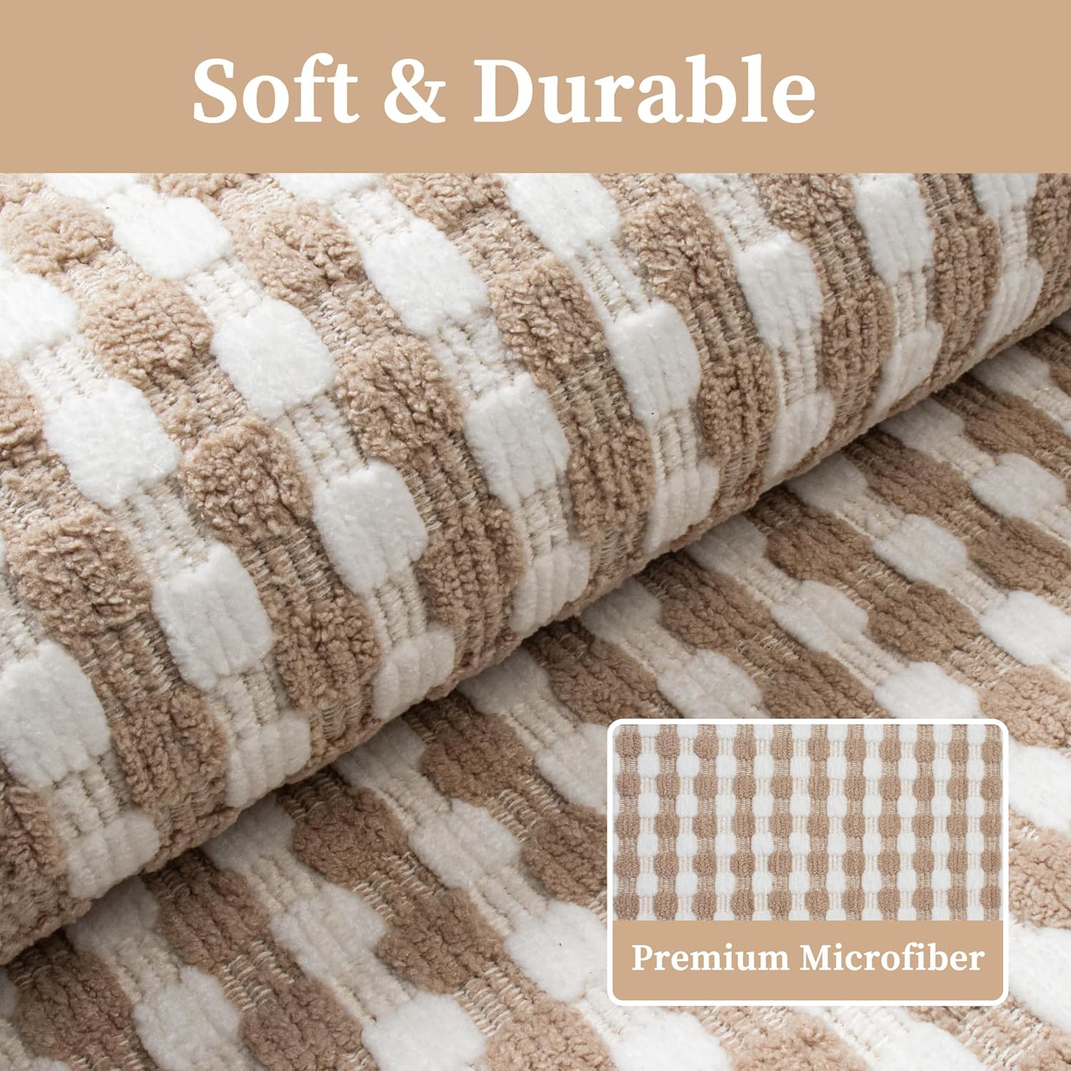 Non Slip Bathroom Runner Rug Quick Dry Braided Absorbent Neutral Thin Bath Mat Fit Under Door Tub Floor, Machine Washable Shower Mat with Rubber Backing 17" x 47",Beige and White