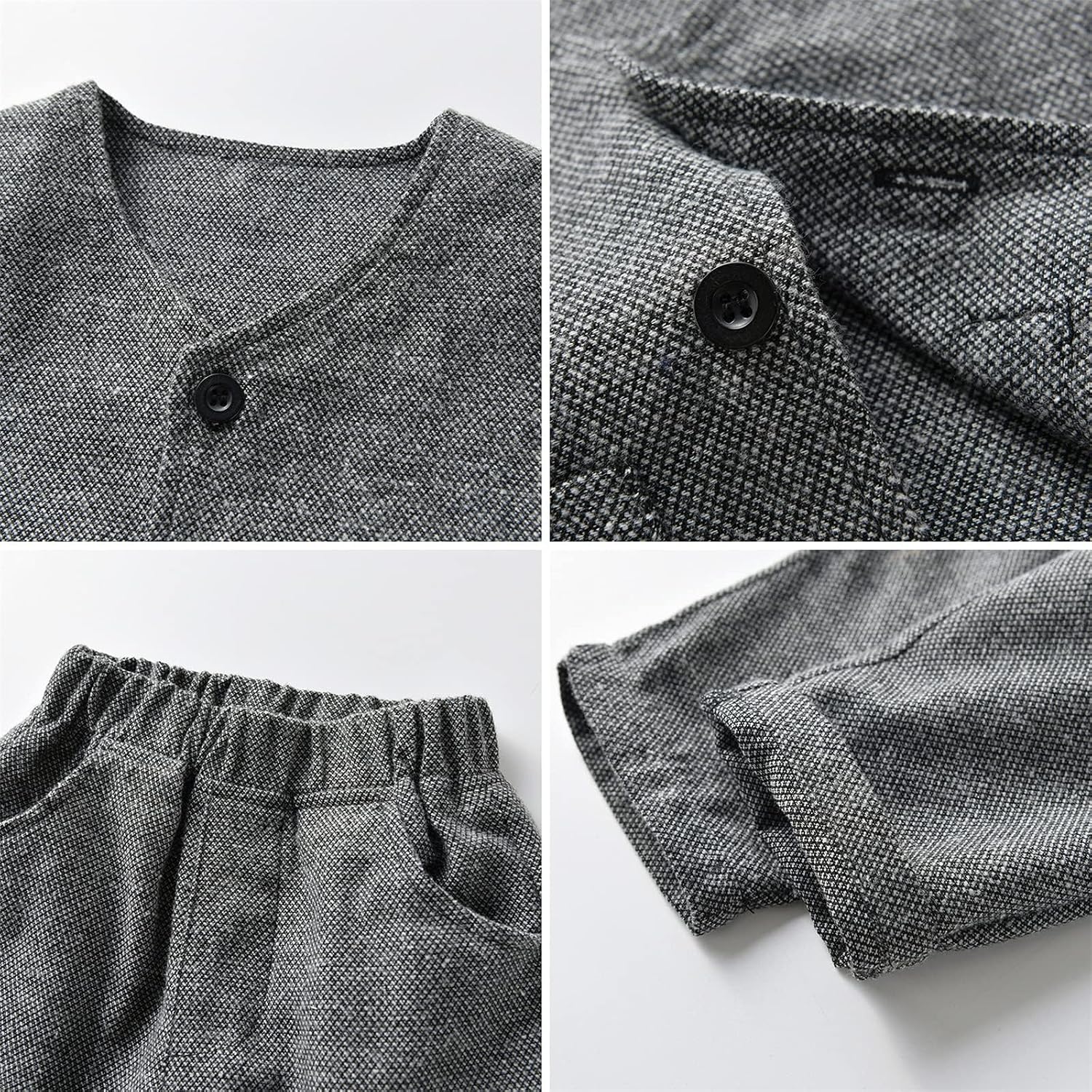 Toddler Boys Tuxedo Suit Cotton and Linen 3 Piece Set Long Sleeve Gentleman Shirt Vest and Pants Includes Bow Tie
