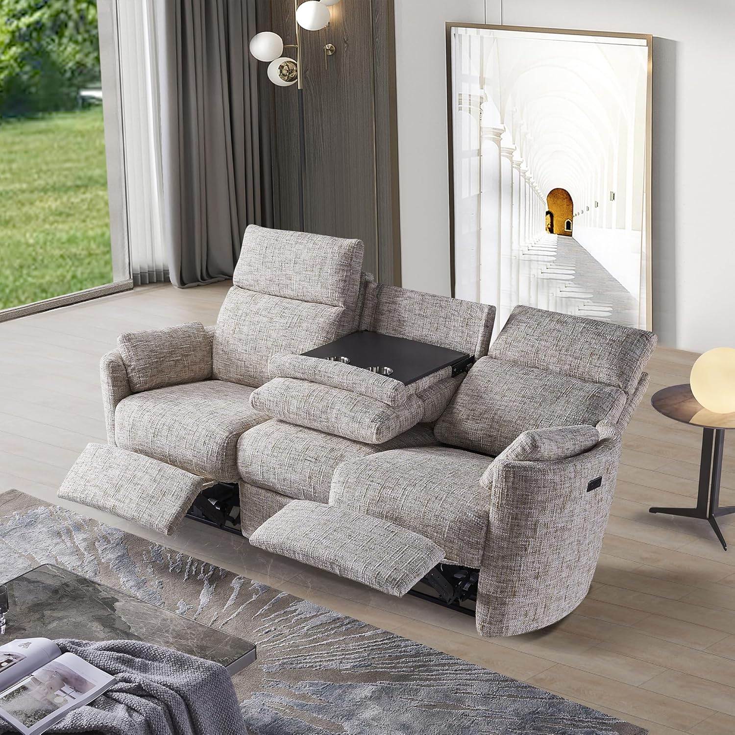 3-Seat Power Recliner Sofa with Adjustable Footrests, 2 Built-in Cup Holders, USB & Type-C Charging Ports, Comfortable Lounge Chair for Living Room & Home Theater (Beige, Sofa)