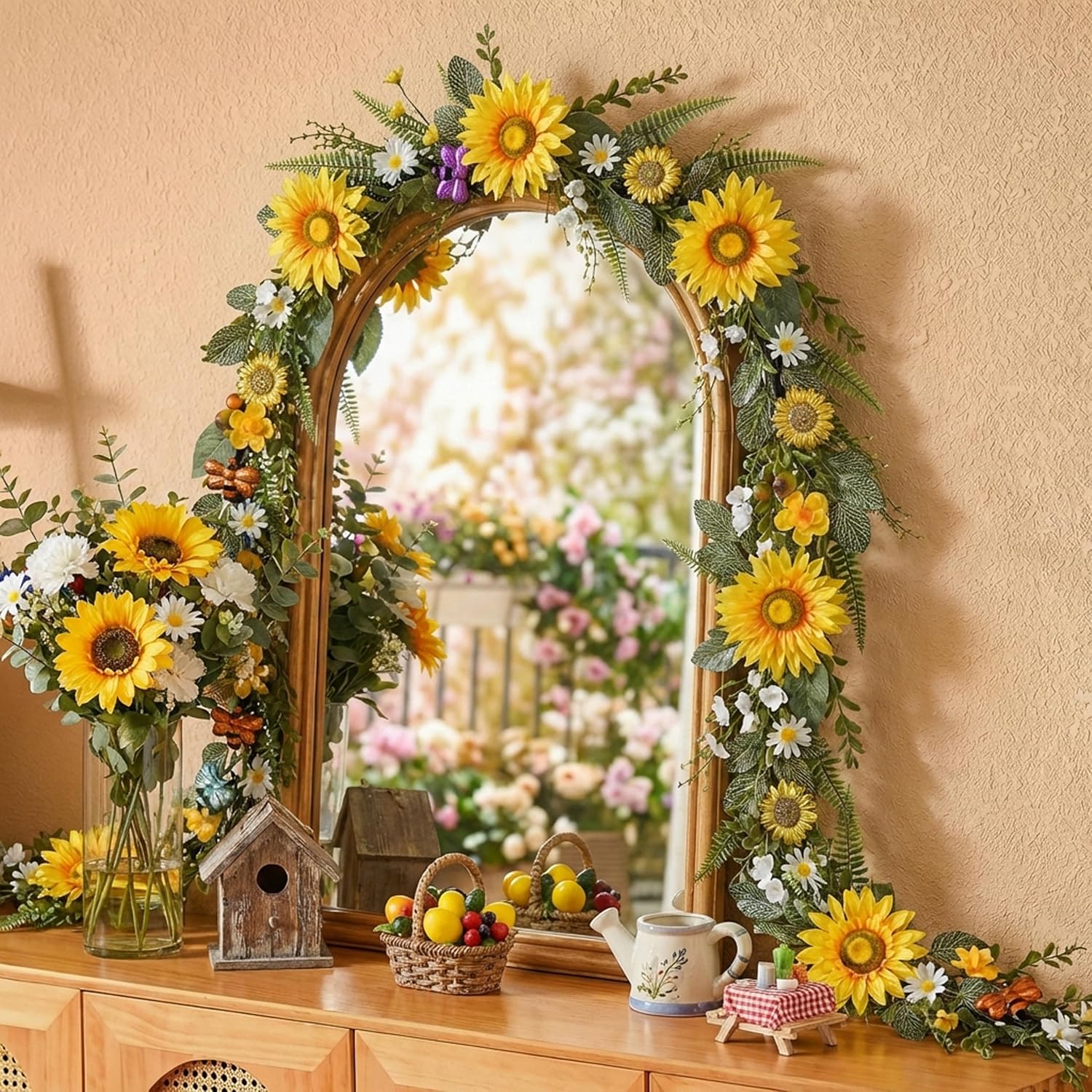 DecorbyHannah Summer Garland for Mantle, 6ft Artificial Sunflower Garland Decorations for Home with Daisy and Bee, Spring Decor for Home Table Porch, Wedding Housewarming Gift, Door Outside All Season
