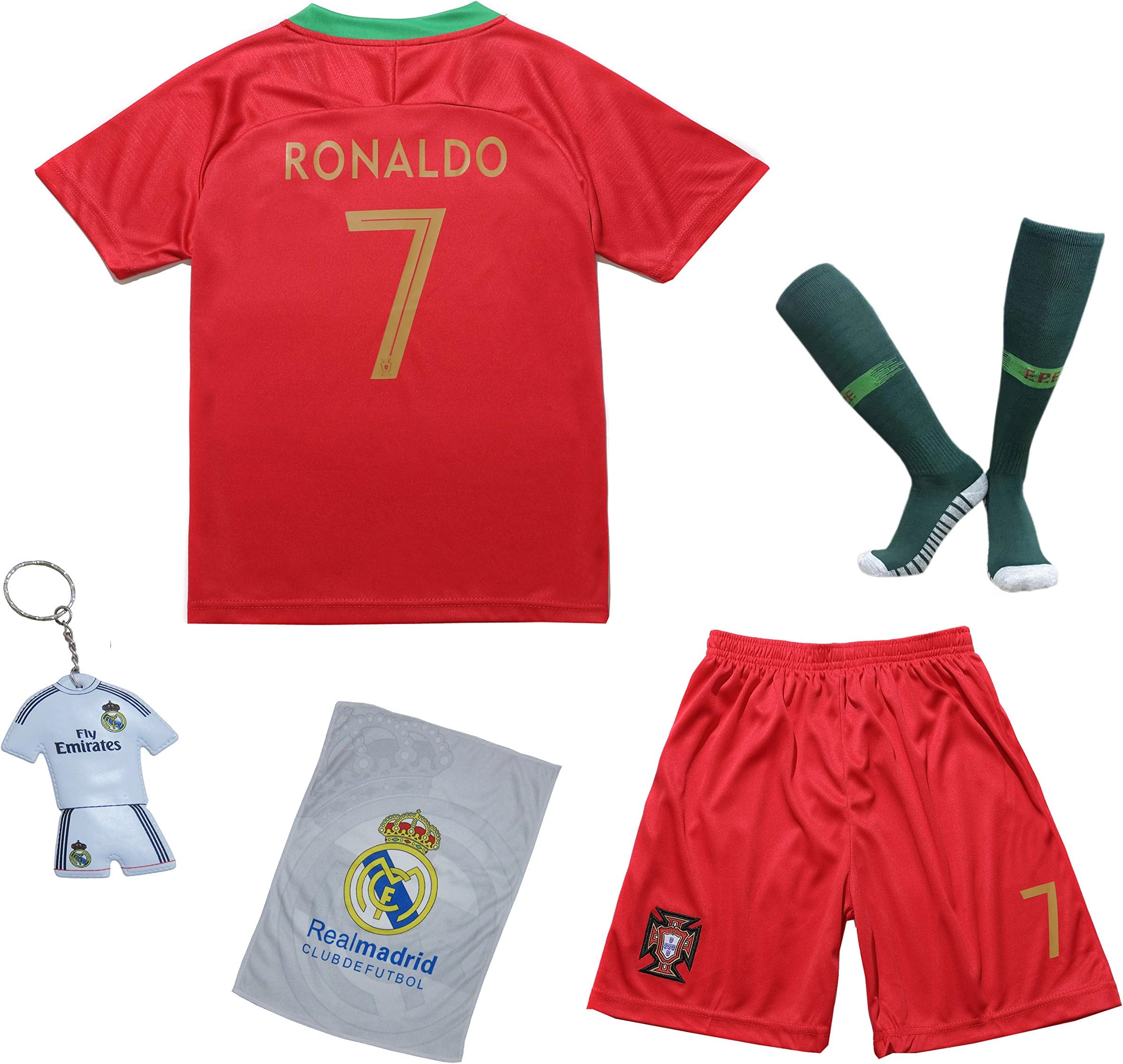 2018 Portugal Cristiano Ronaldo #7 Home Red Kids Soccer Football Jersey Gift Set Youth Sizes (Home Red, 3-4 Years)