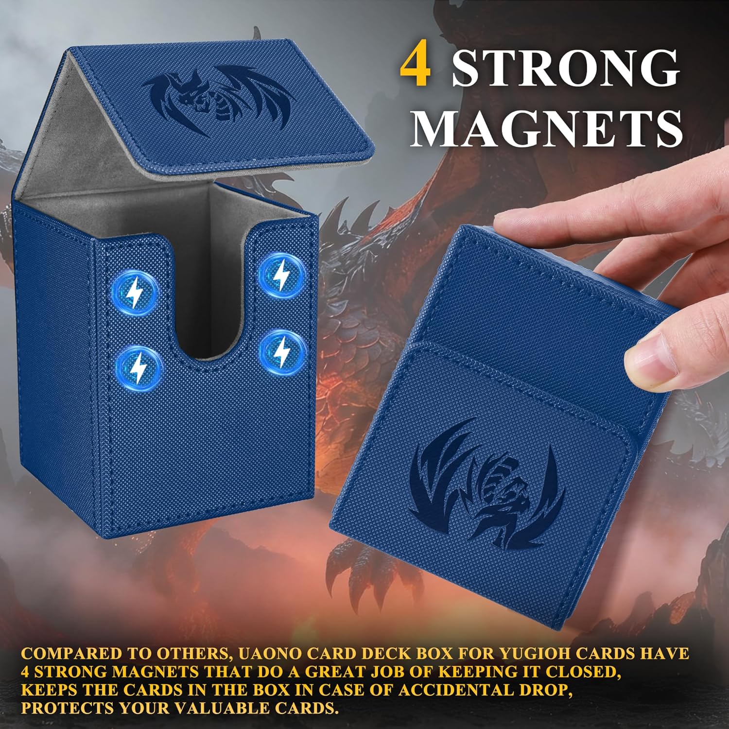 UAONO Card Deck Box for Yugioh MTG, 100+ Deck Case with 2 Dividers Fits TCG CCG PTCG, PU Leather Strong Magnet Card Storage Box Compatible with Magic Commander Trading Cards (Navy, Sky Dragon)