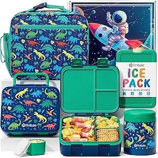 Fimibuke Kids Bento Lunch Set — 3-Compartment 32oz Box with 12oz Insulated Jar & Ice Pack, Dinosaur (Ages 3–12)