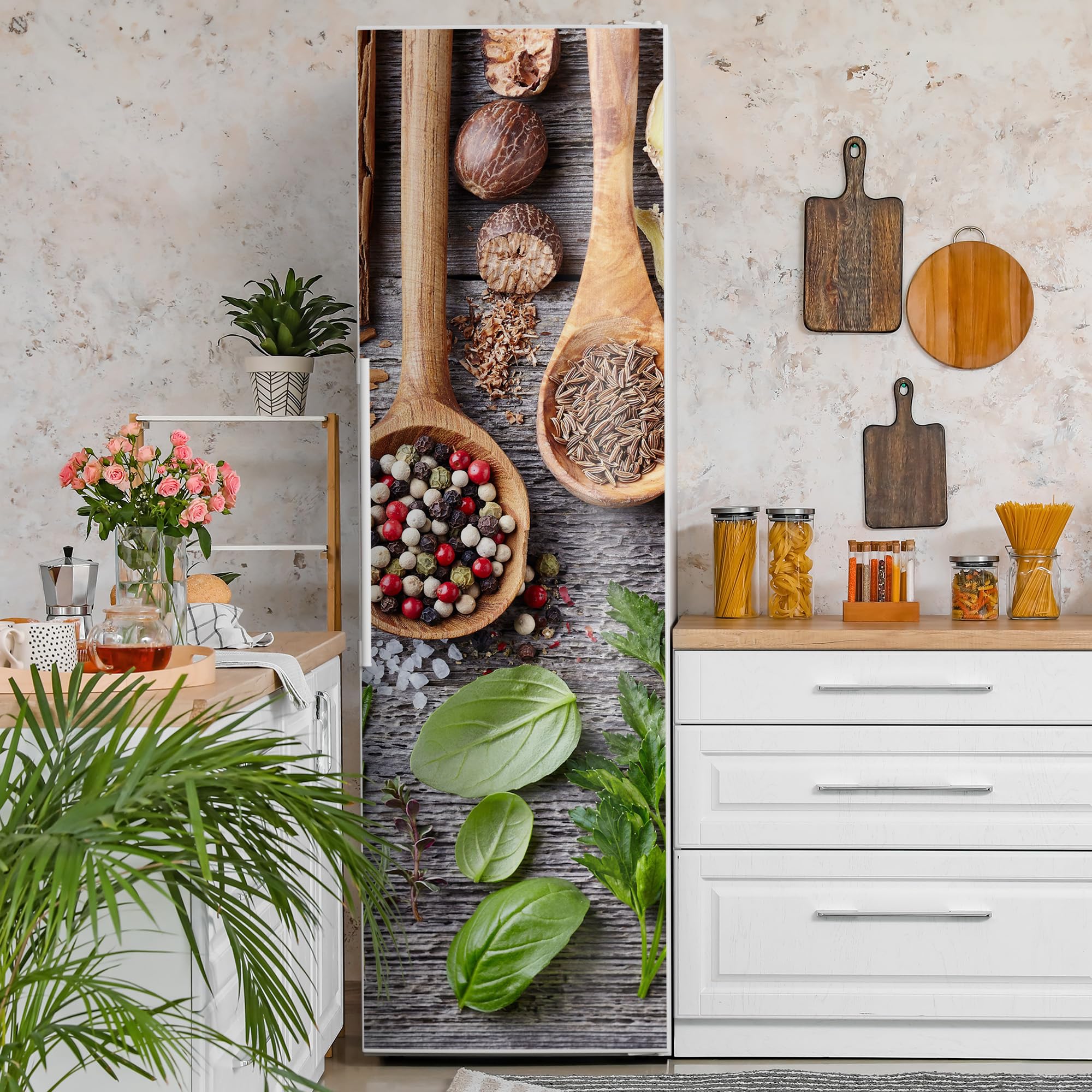 DEQORI Folia magnetyczna do lodówki 60 x 200 cm | motyw zdobiona łyżka kuchenna | dekoracyjna mata magnetyczna ochrona przed zamrażarką | magnetyczna folia dekoracyjna samoprzylepna, magnetyczna i