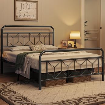 Yaheetech Metal Bed 140 x 200 cm Vintage Bed Frame with High Headboard