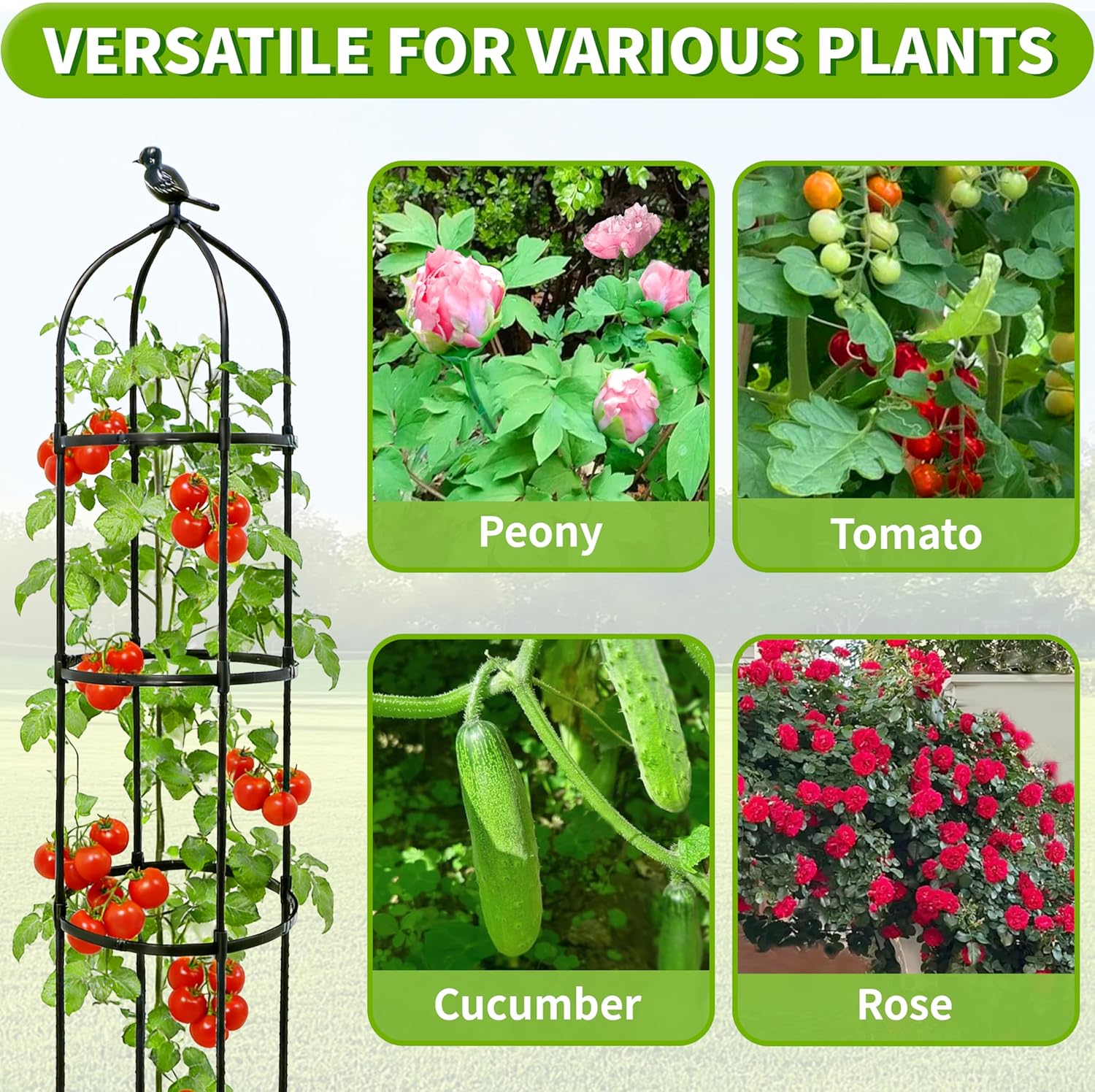 6.7FT Garden Obelisk Trellis for Climbing Plants,Adjustable 5-Tier Metal Plant Support,Rustproof Outdoor Plant Tower with 3 Decorative Tops for Roses,Tomatoes,Clematis & Vines,Black