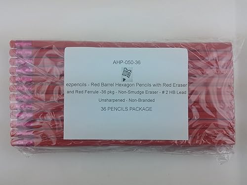 Miniatura 3 de ezpencils - Lápices hexagonales de barril rojo con borrador rojo y virola roja, paquete de 36 unidades, borrador sin manchas, plomo HB # 2, sin
