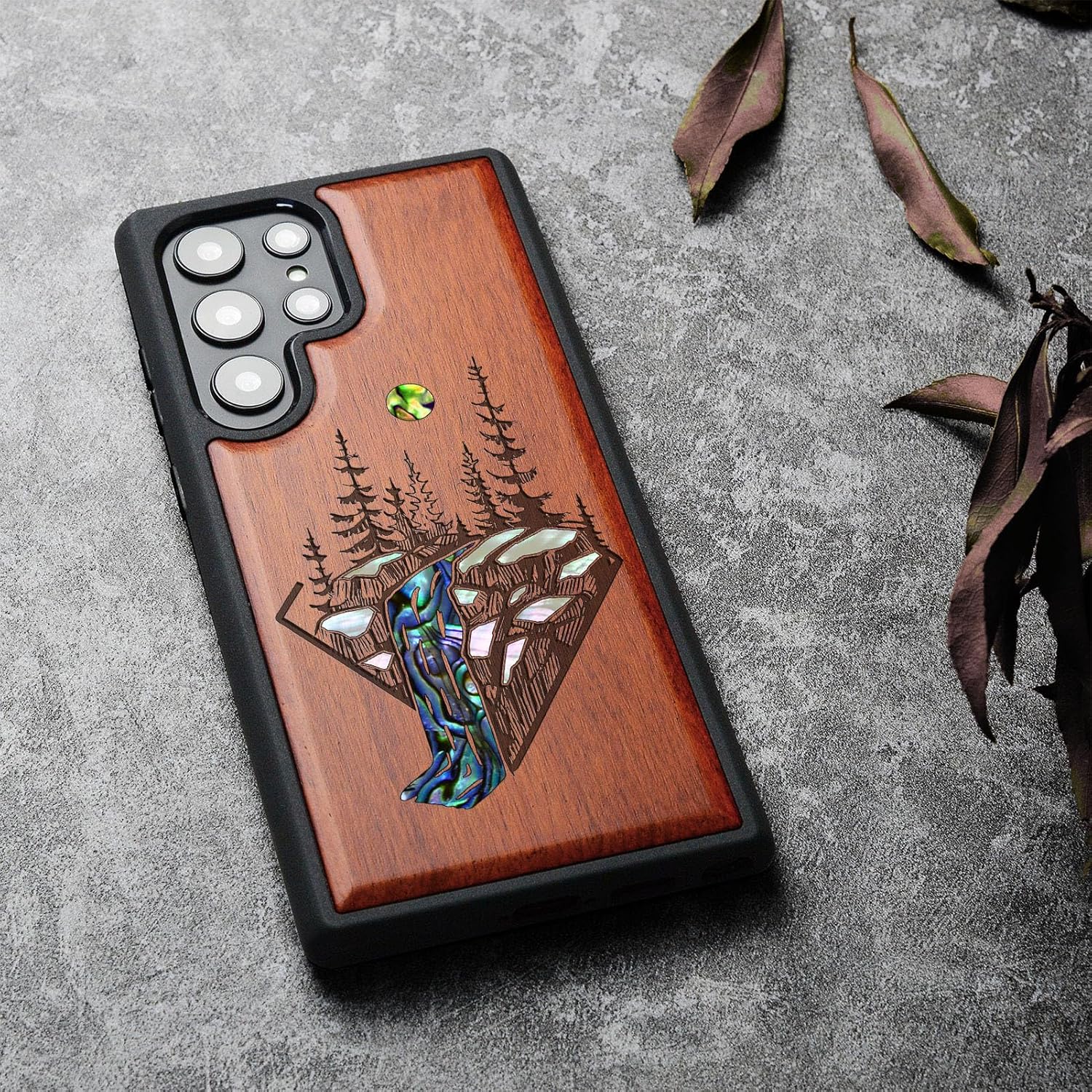 Carveit Designer Wooden Cover for Samsung Galaxy S22 Ultra Case [Solid Wood & Shell Inlay] Compatible with Wireless Chargers Unique Galaxy S22 Ultra Case (Falls Landscape-Rosy)