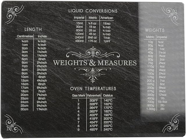 Creative Tops 'Slate Effect - Weights and Measures' Glass Worktop Saver with Printed Conversions, 40 x 30 cm (15.5" x 12") - Black