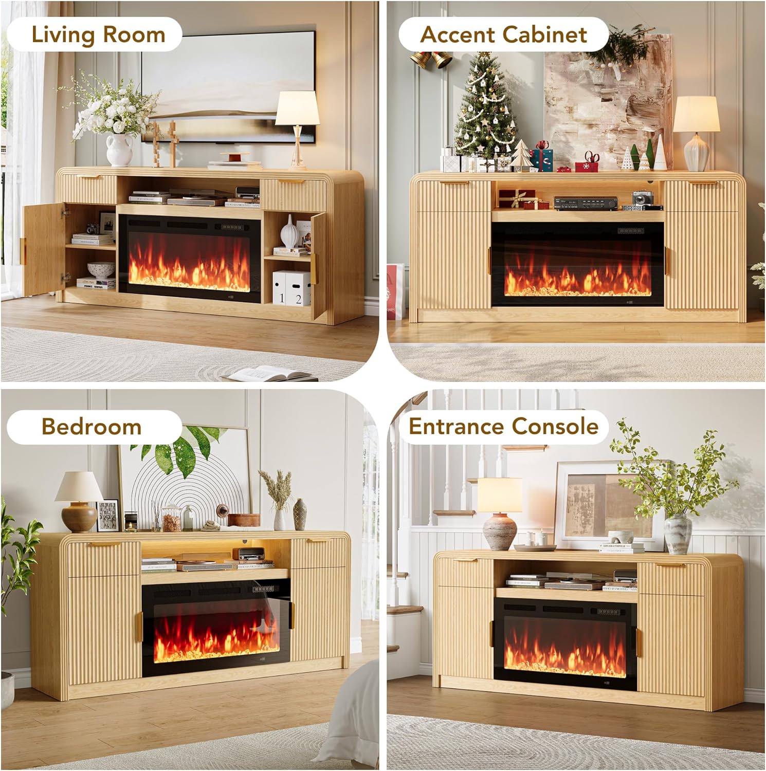 70" Fluted Fireplace TV Stand for 80" TV, TV Console Cabinet with Wavy Grain Doors & Adjustable Shelves, Remote & Touch Control Adjustable LED Light, Flame Colors&Temperature for Living Room - Image 6