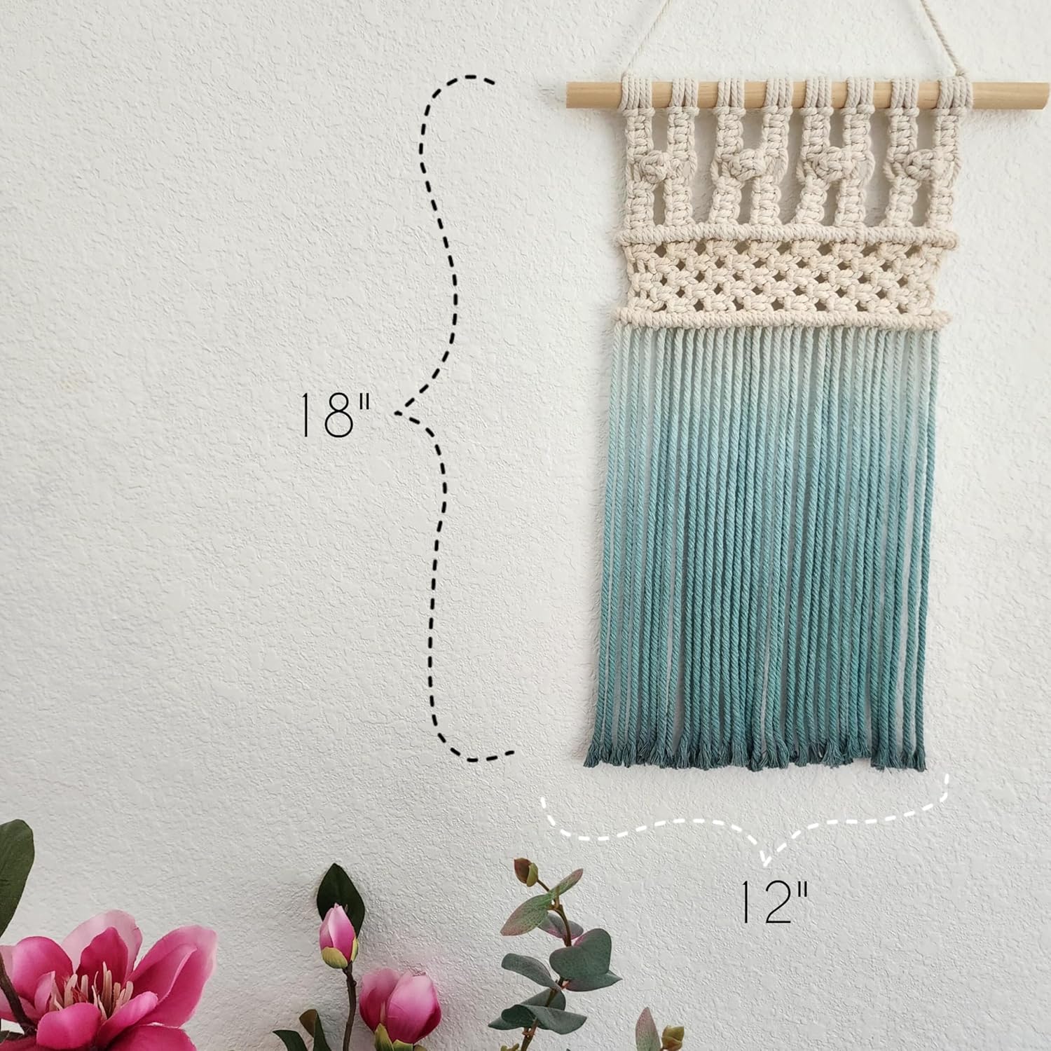 Ombre handmade Teal Macrame wall hanging, Bohemian Wall decor, Dip dyed wall tapestry, Beautiful natural cotton art piece with wooden dowel (Teal)