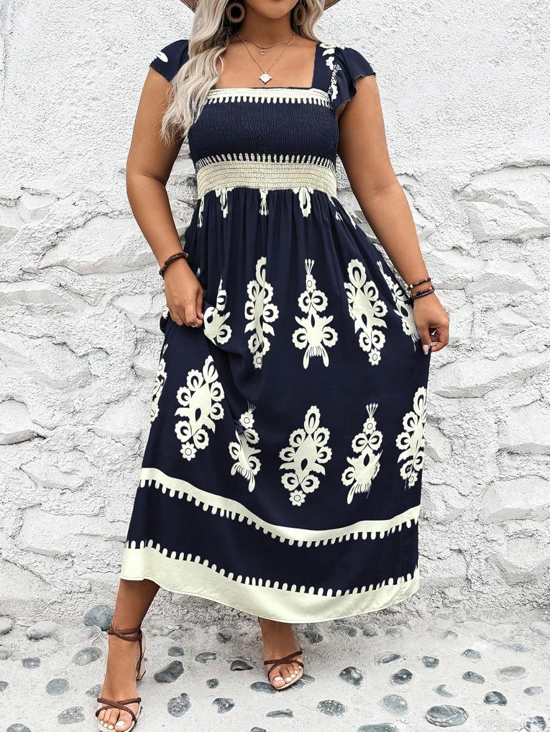 SHENHE Women's Plus Size Square Neck Tie Back Smocked Flutter Sleeve Flowy Maxi Boho Dress - Image 3