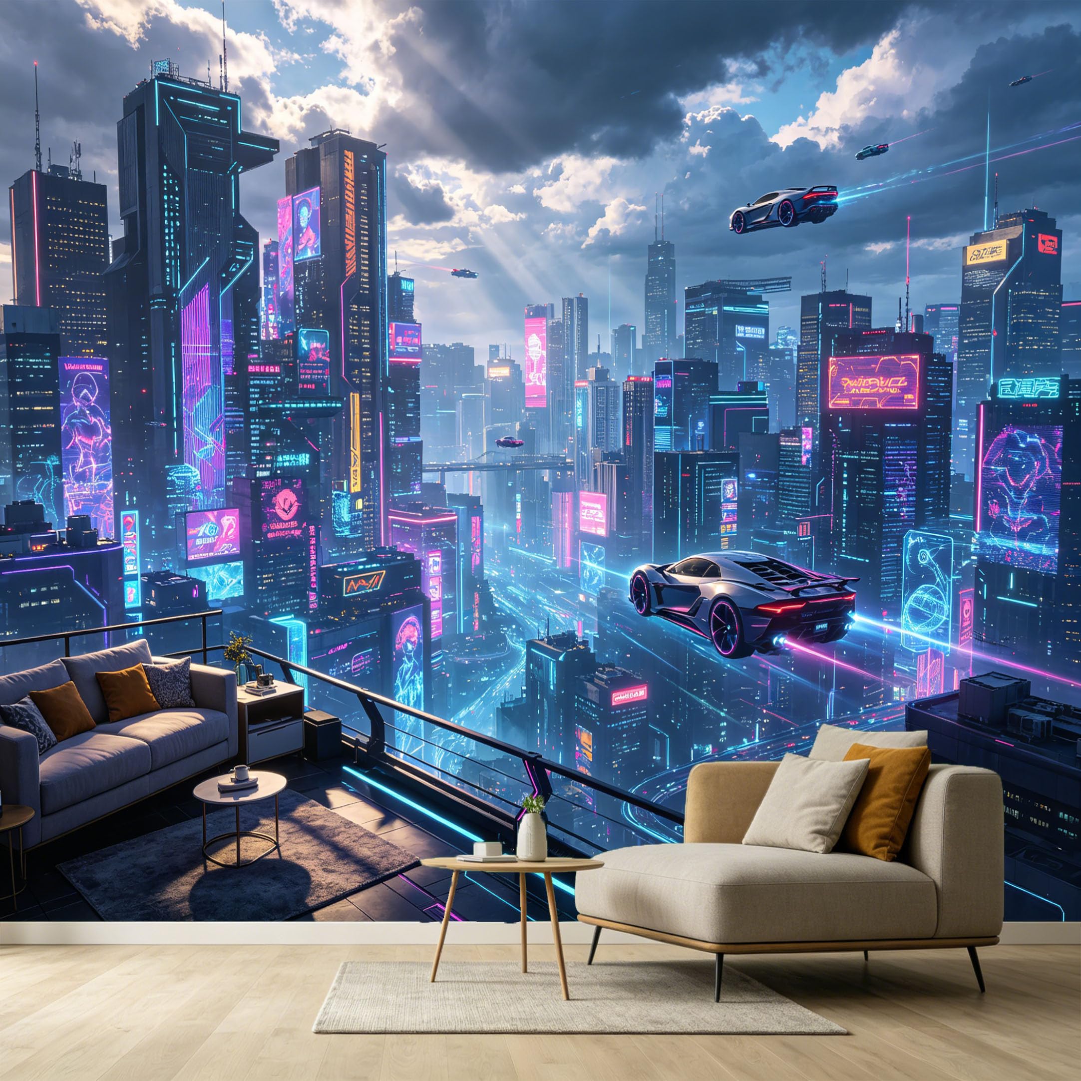 Custom Size Wall Murals Futuristic Cyberpunk Cityscape Modern Contemporary 3D SciFi Flying Vehicles SelfAdhesive Wall Fabric Removable Large Wallpaper for Photo Living Room