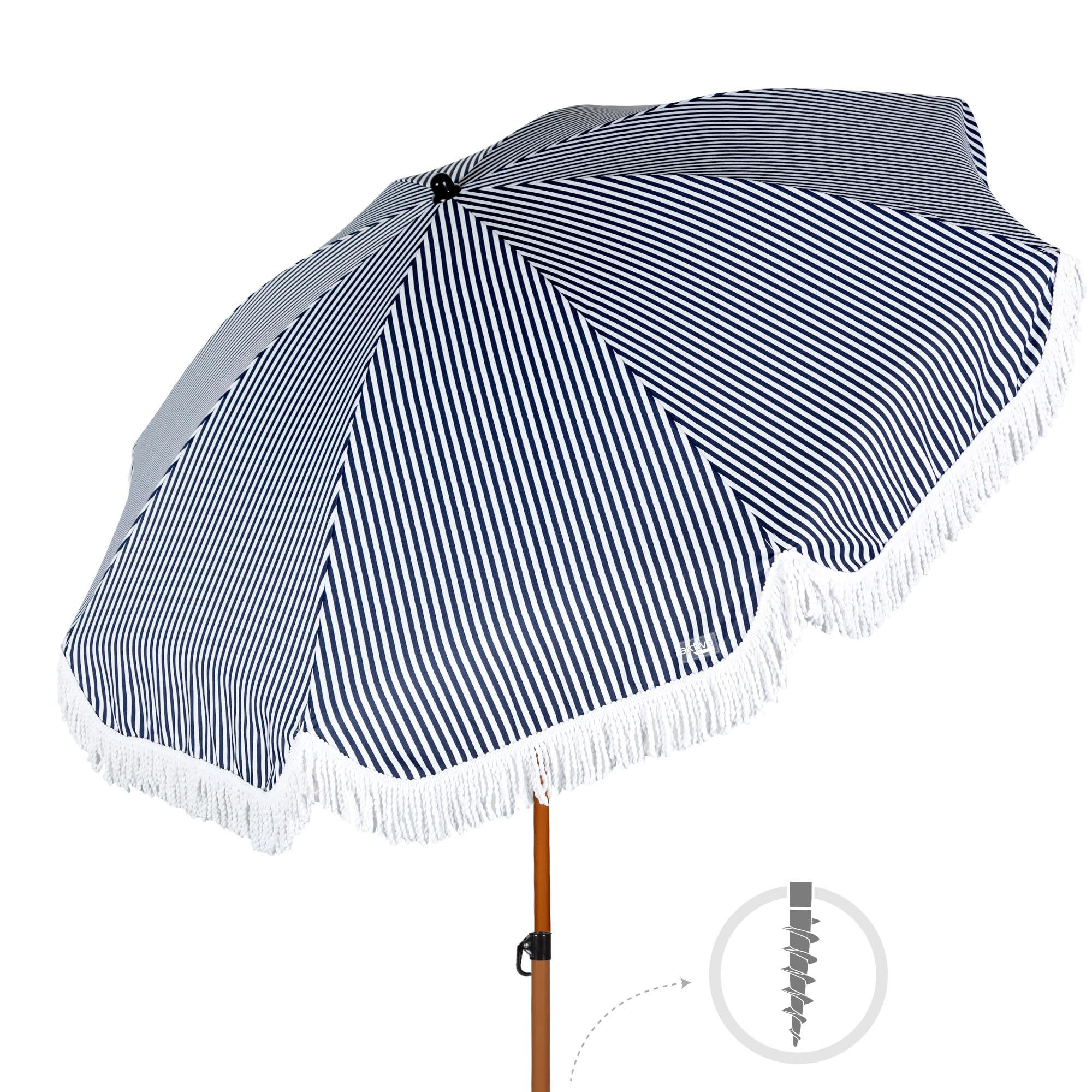 AKTIVE Sombrilla de playa, Diseño marinero con flecos, 200 cm, Estilo retro, Mástil aluminio, Inclinable y regulable en altura, Tejido poliéster, Protección UV30, Sombrillas grandes (62340)