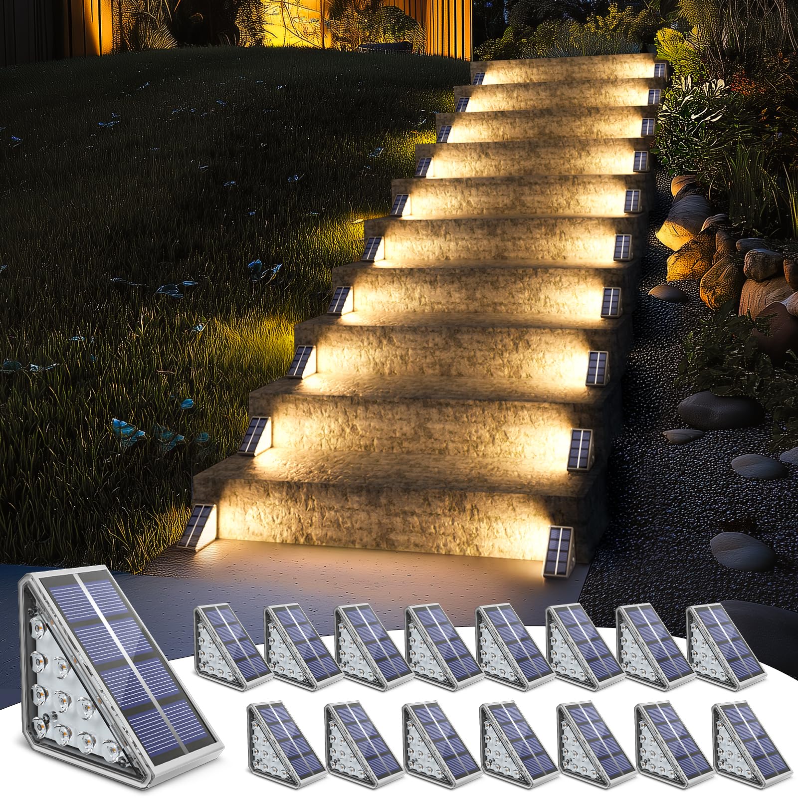 NIORSUN Outdoor Step Lights, 16 Pack Solar Stair Lights Outdoor Waterproof IP67 Auto On Off, Solar Lights for Steps,Stair,Patio,Yard,Porch,Front Door,Sidewalk,Deck Decor,Warm White