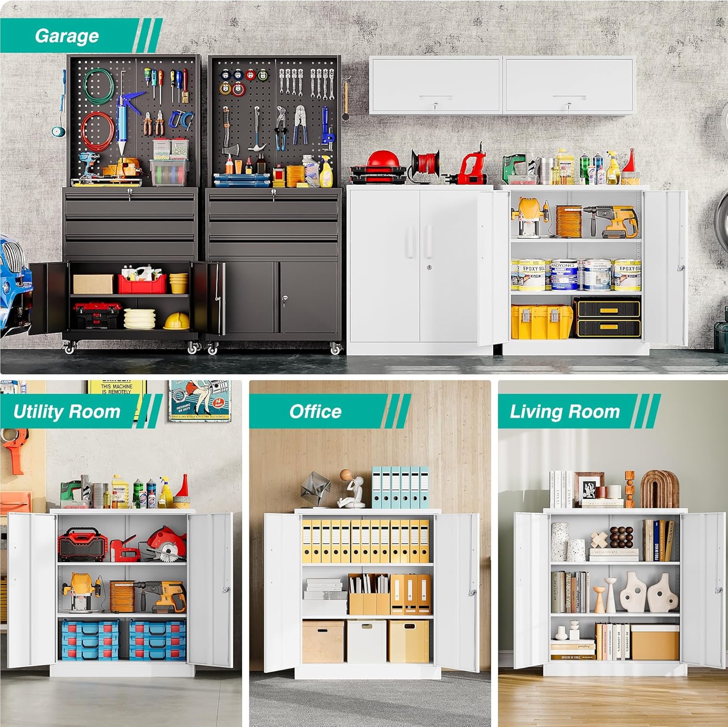 SISESOL 36 inch Storage Cabinet with Doors and Shelves,White Metal Storage Cabinet,Small Locking Metal Cabinets,Short Steel Counter Cabinets with Lock for Garage Home Office Pantry