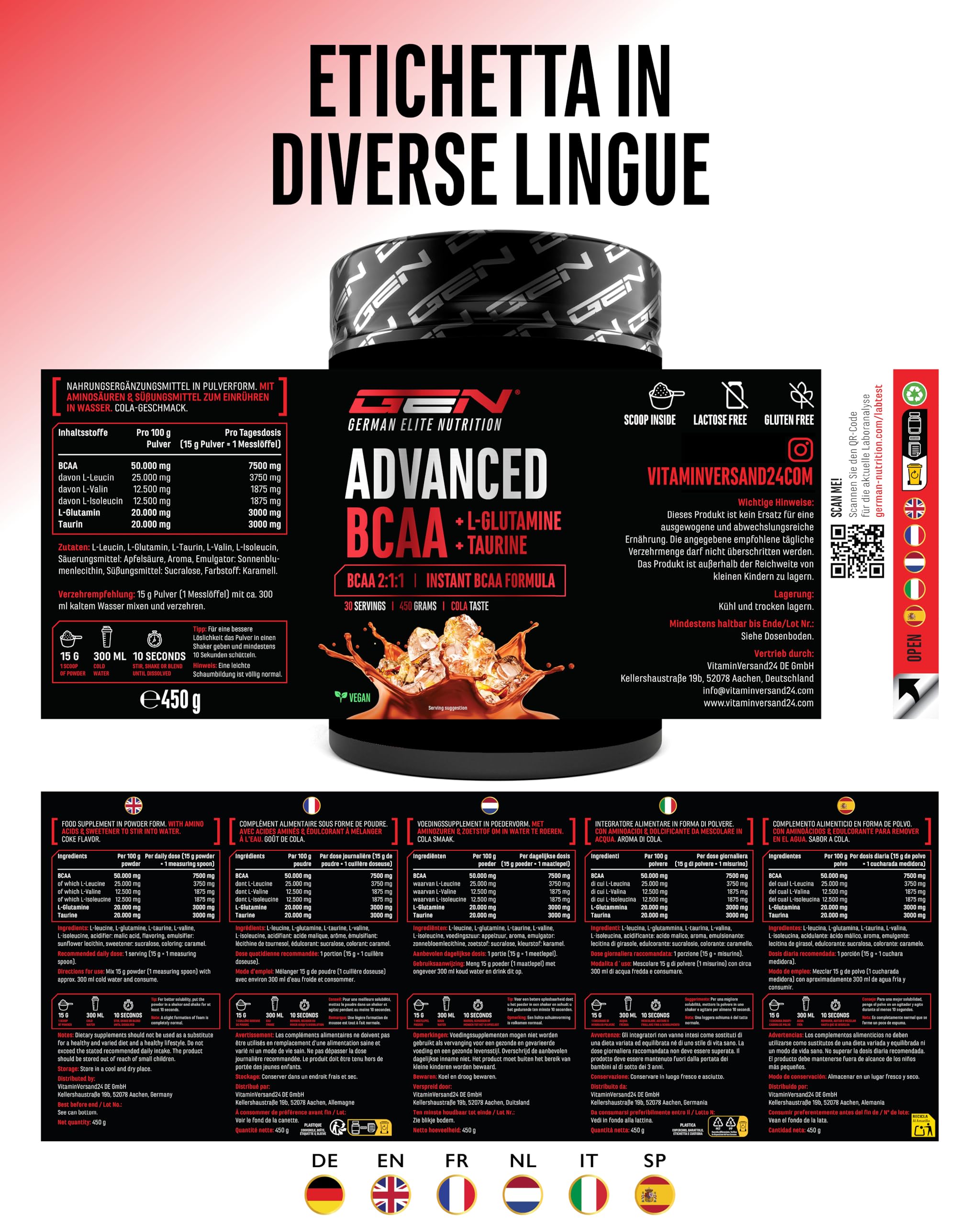 Advanced BCAA in Polvere 450 g - Aminoacidi 2:1:1 con L-glutammina e taurina - BCAA istantanei, ottima solubilità e gusto - Vegano - 30 porzioni (Cola)