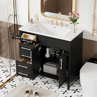 Linique 36" Modern Bathroom Vanity with Sink Combo Set, Solid Wood Frame Bathroom Storage Cabinet with 2 Drawers and a Tip-Out Drawer, 2 Soft Closing Doors, Height Adjustable Shelf