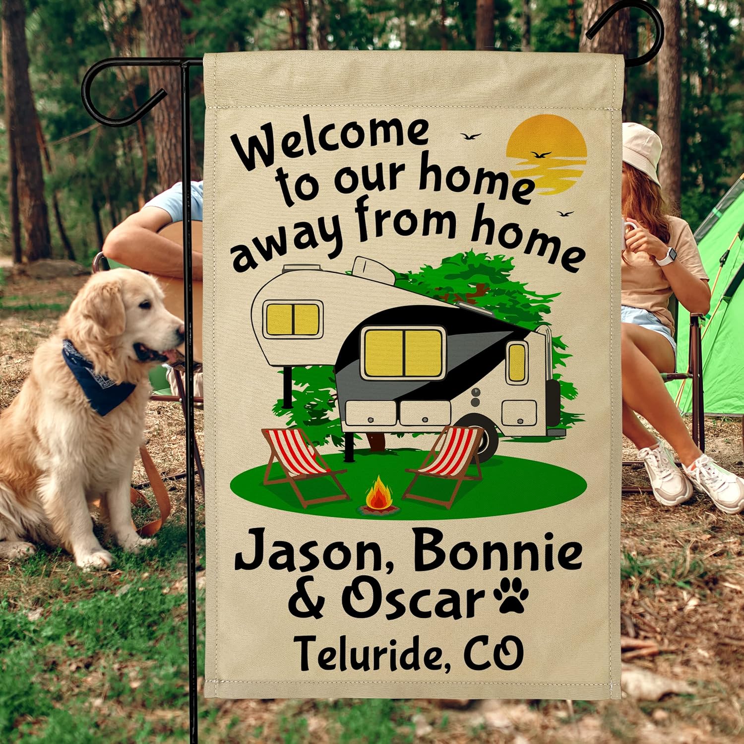 Welcome to our Home Away From Home Personalized 5th Wheel Campsite Flag, Customize Your Way (Black/Gray)