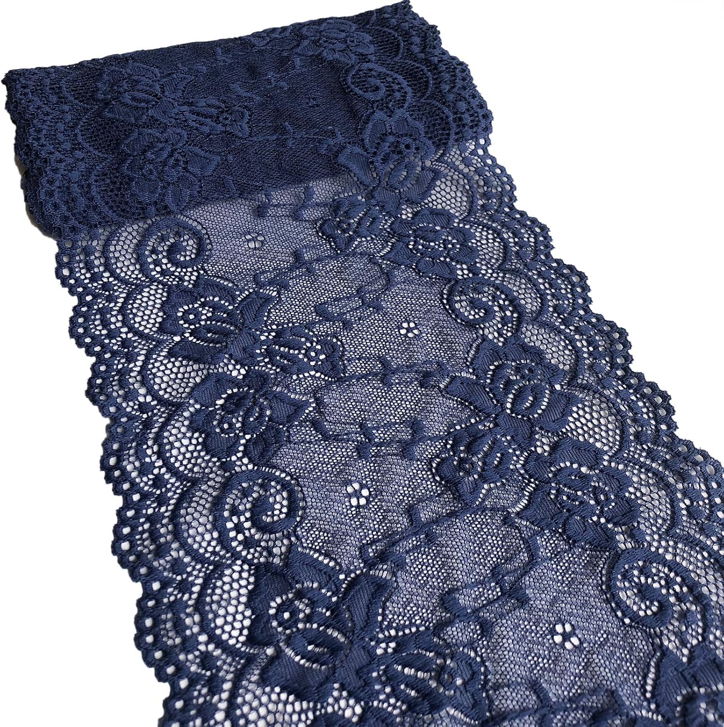Lace Realm 7 h Wide Floral Stretchy Lace Elastic Trim Fabric for Garment & DIY Craft Supply- 5 Yard (7018 Navy)