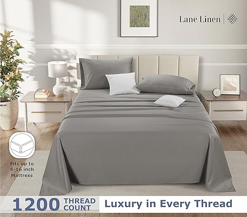 Miniatura 4 de Lane Linen Juego de sábanas de 100% algodón egipcio, 1200 hilos, 4 piezas, sábanas de algodón de lujo, tamaño Queen, sábanas de hotel, tamaño Queen,