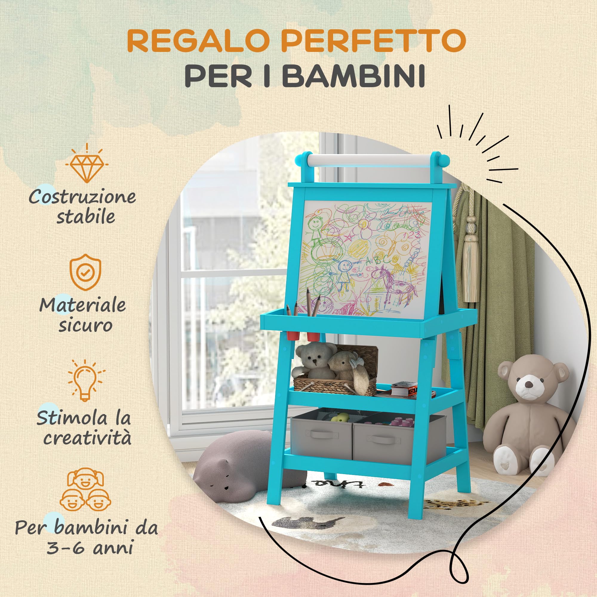 AIYAPLAY Lavagna per Bambini Cancellabile a Doppia Facciate con Rotolo di Carta e 2 Contenitori, Lavagna Magnetica Bianco, Nero con Cavalletto Artistico in Legno per Pittura e Regalo, 3-6 Anni, Blu