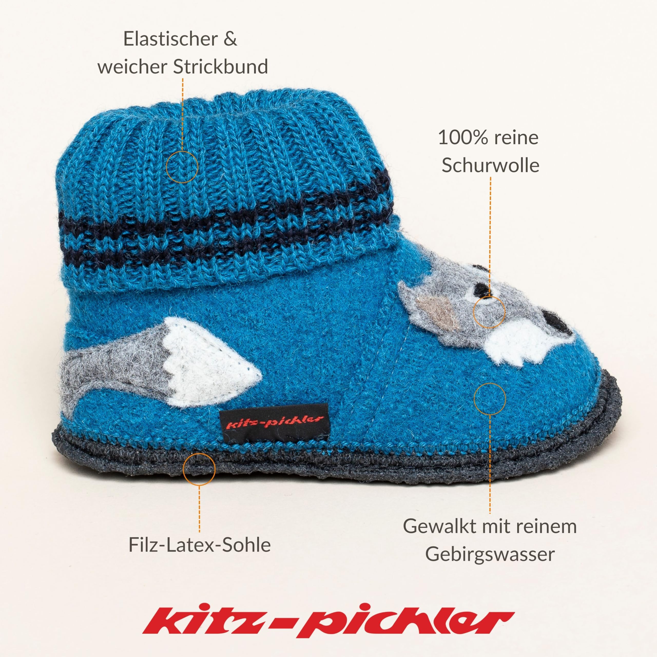 Kinder Hüttenschuh Wolf aus 100% Schurwolle | Kinderhausschuhe Made in Tirol