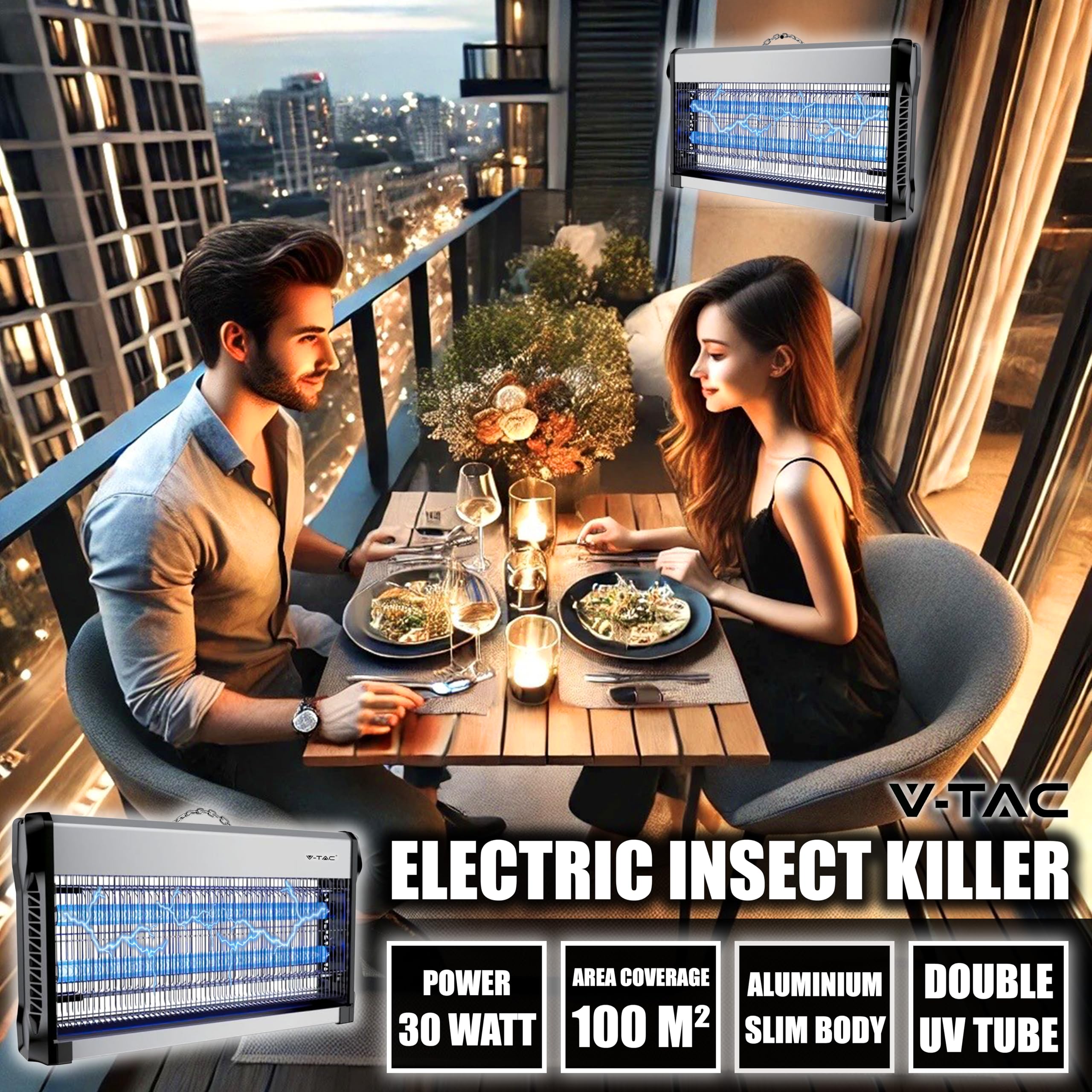 V-TAC Zanzariera Elettrica Potente - 30W con Area di Azione 100 m² - Design Sottile - Zanzariera con Luce Blu UV per Uso Interno ed Esterno - Trappola Elettrica contro Zanzare e Insetti - Potenza 30W
